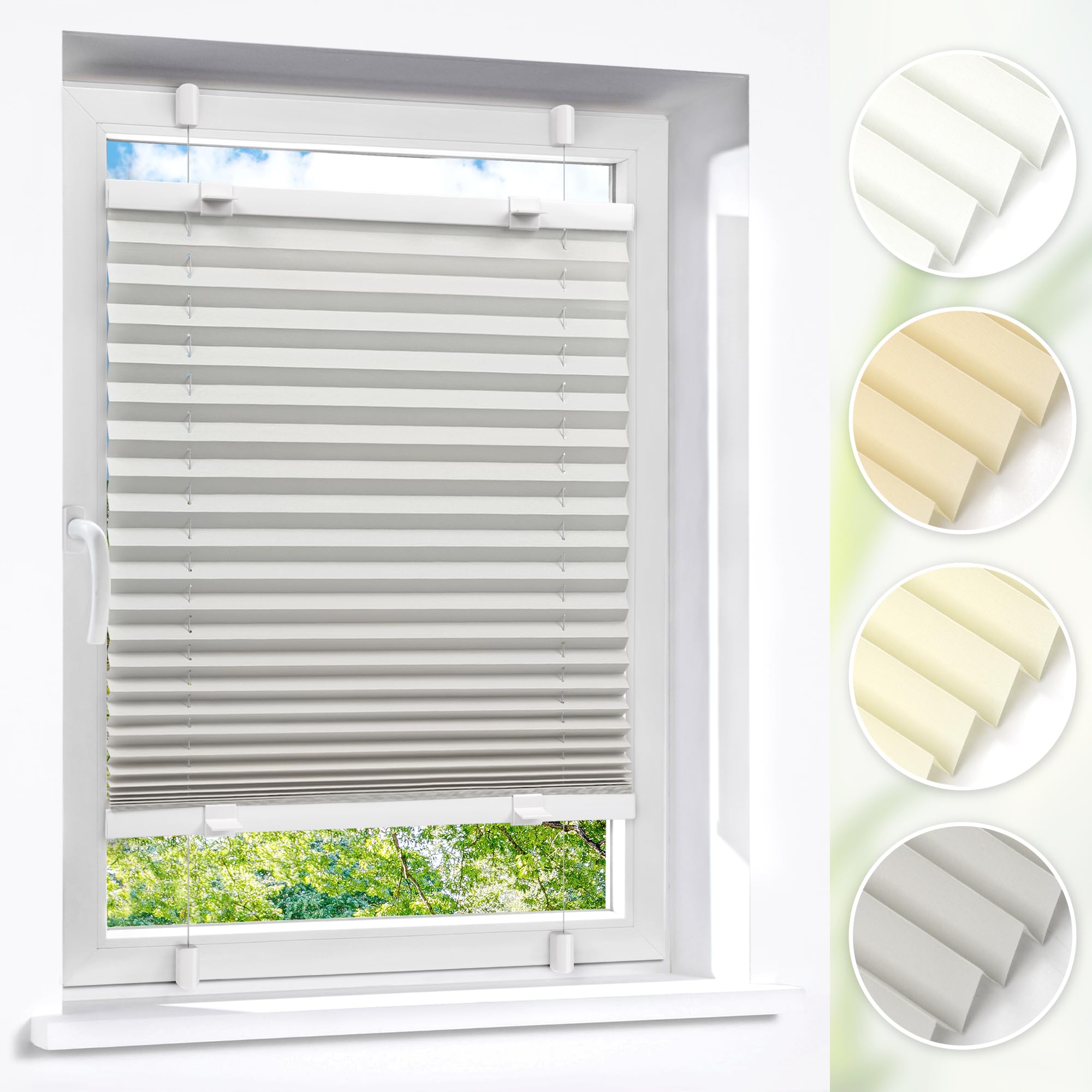Victoria M. Easyfix Plissee Faltrollo ohne Bohren Plisseeanlage Klemmfix mit Klemmträger für Fenster und Türen, Größe: 110 x 150 cm, Farbe: Grau