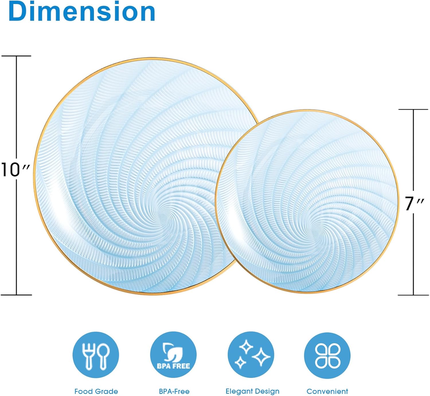 N9R 60PCS Blue Plastic Plates for Party, Heavy Duty Disposable Plate with Gold Rim, Elegant Spiral Design 30 Dinner & 30 Dessert Plates for Wedding, Baby Shower, Birthday(Translucent Blue) - Image 2
