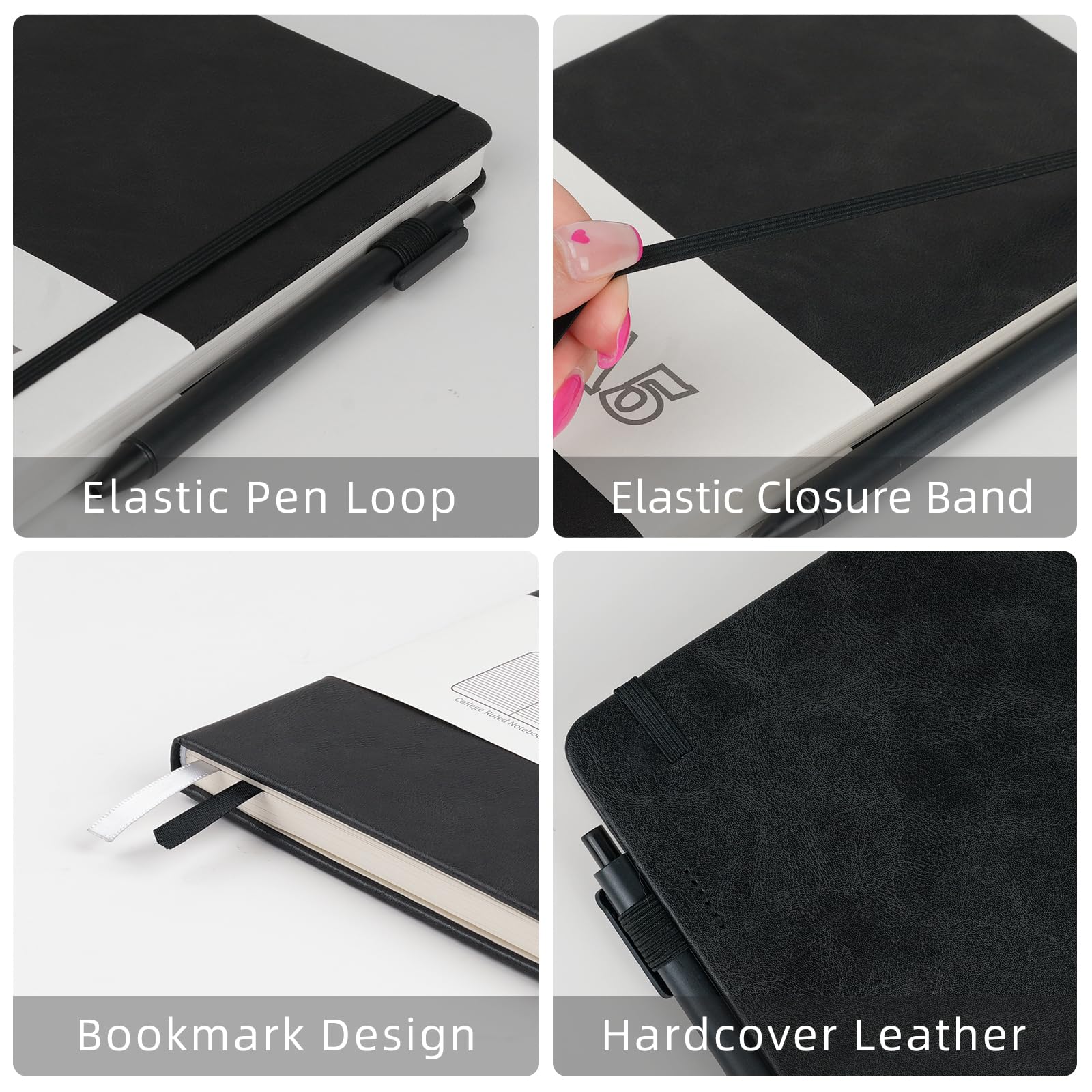 OnMove Notizbücher für Damen und Herren, 24 Stück, Leder, Hardcover mit Stifthalter, A5, 160 Seiten, 100 g/m² dickes Papier, für Arbeit, Schule, liniert, Schwarz