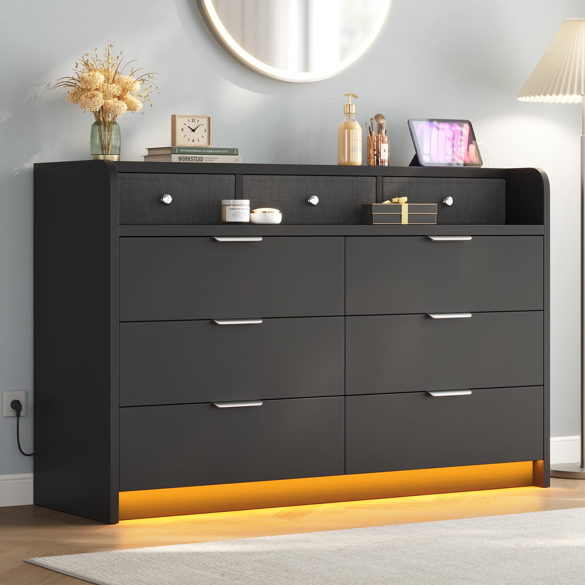 MapleGrace 53'' Wide 9 Drawer Dresser for Bedroom, Wood TV Stand Dresser with Power Outlets & LED Light, Chest of Drawers Closet Store Organizer for Living Room, Hallway, Black : Home