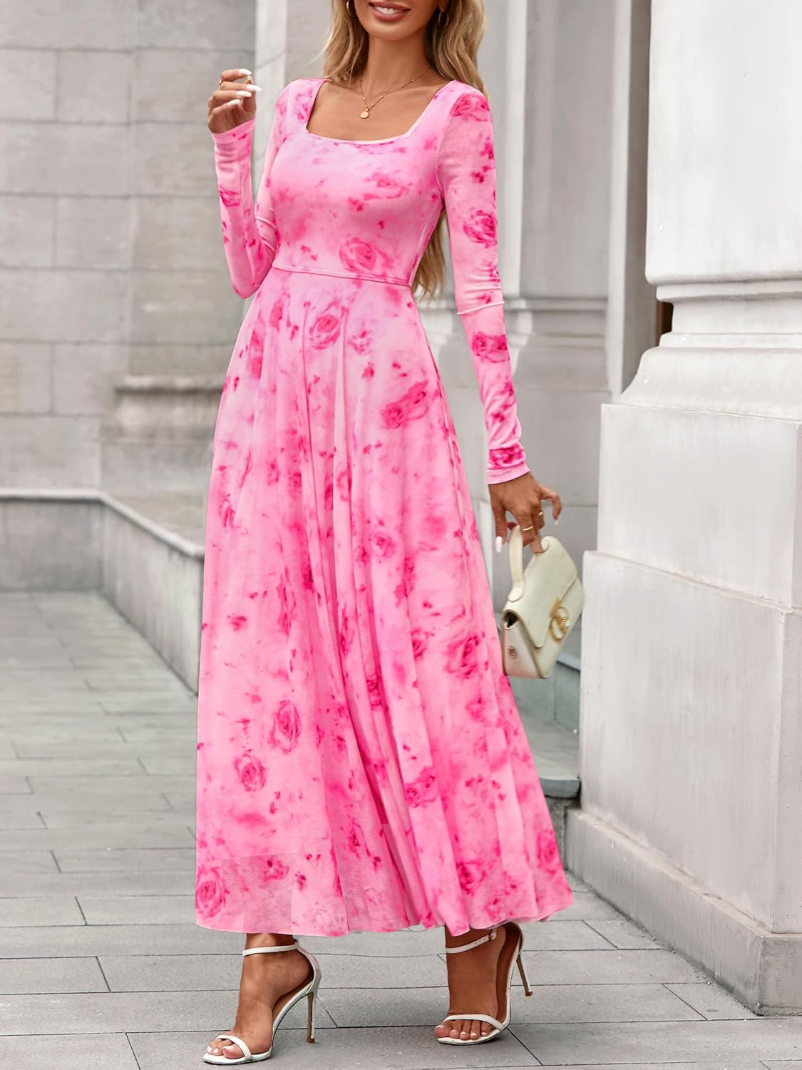 BTFBM Women Maxi Dress Spring 2026 Fashion Elegant Long Sleeve Square Neck Floral Print Party Club Wedding Guest Dresses - Image 6