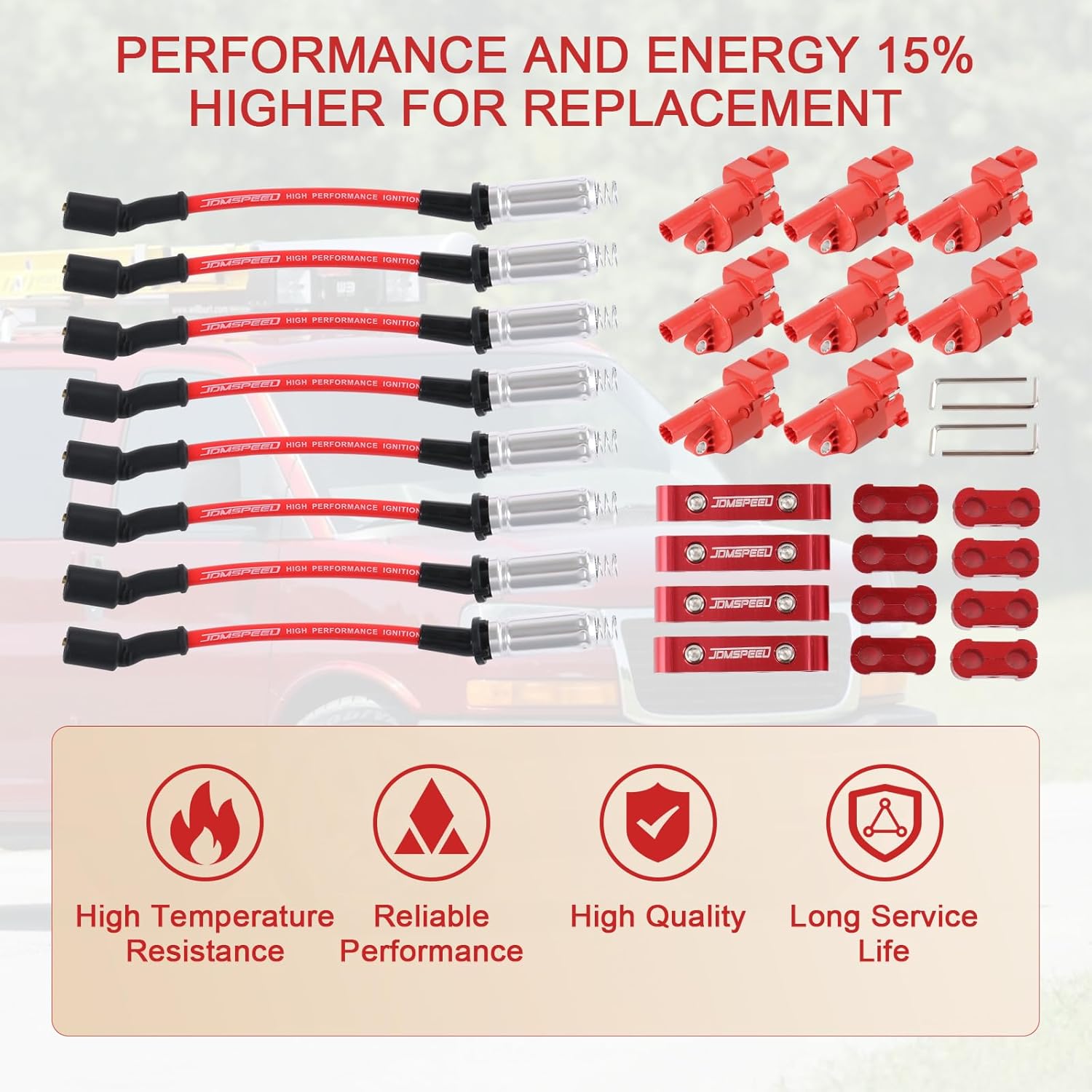 Set of 8 Ignition Coil Pack Round Type + Set of 8 8mm Spark Plug Wire Harness High Voltage Energy Compatible with Chevrolet GMC Cadillac Replace# UF414, D514A, C1512