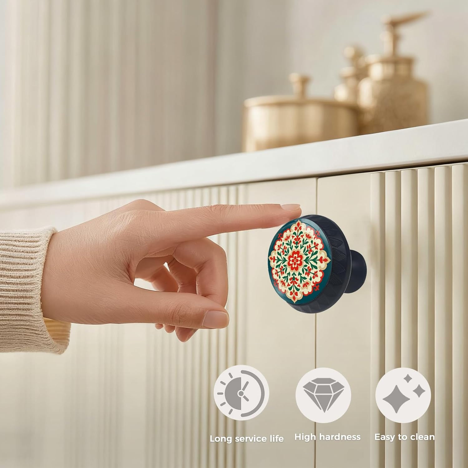 Yiruhe 4 Pack Dunhuang Floral Art Design Kitchen Cabinet Knobs Acrylic Round Drawer Pulls for Dresser Cupboard Door Handles