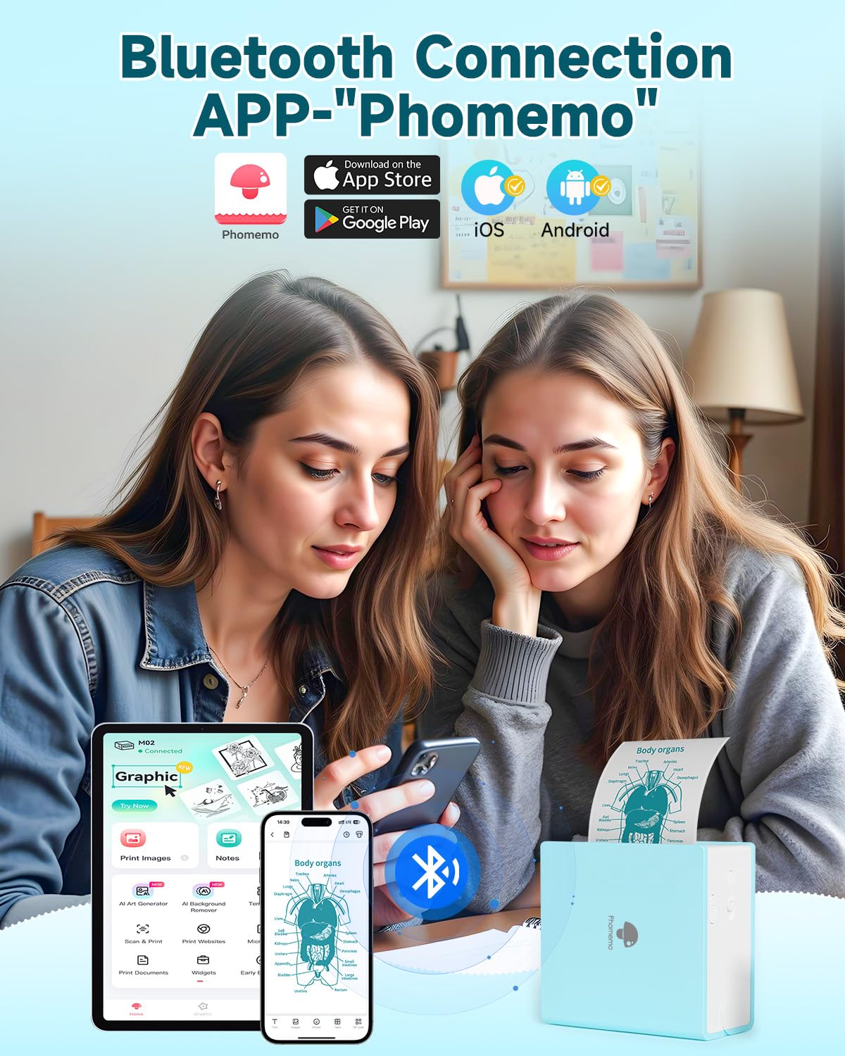 Phomemo Mini Impresora para Movil - Impresora Pegatinas Autoadhesivas M02 Impresora Portátil con 3 Rollos de Papel, Impresora Termica para el Aprendizaje, Notas de Estudio, Diagrama Anatómico, Fotos