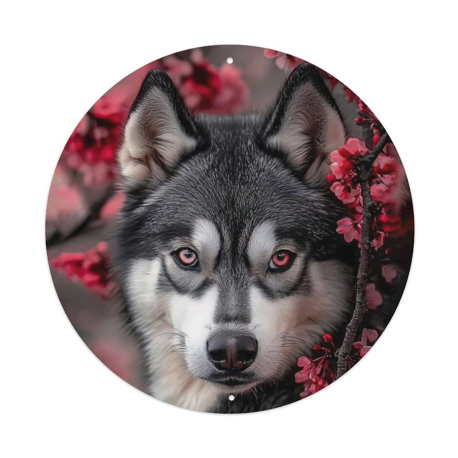 Cwbufd Vintage Style Animals Featuring Adorable Huskies And Cherry Blossoms. Vintage Metal Tin Sign Plaque Wall Decor For Cafe, Club Bar, Office, Garden Metal Poster 8X8inch