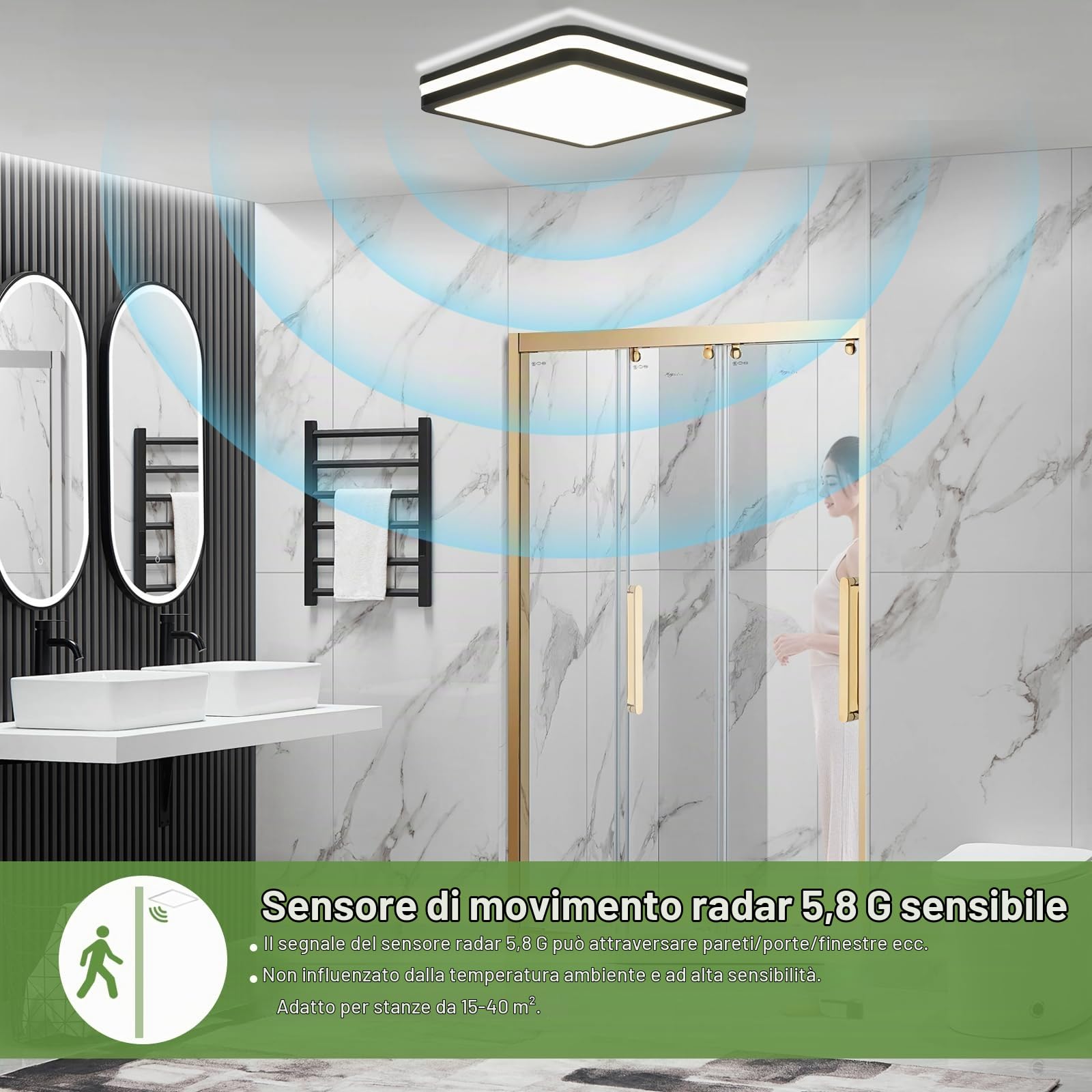 LEZOE Plafoniera LED con sensore di movimento IP65 impermeabile, 30W 4500lm 150(Lm/W) lampada da soffitto con sensore 3000K/4000K/6500K Ideale per bagno, garage, corridoio, balcone 26x26x6cm Grigio