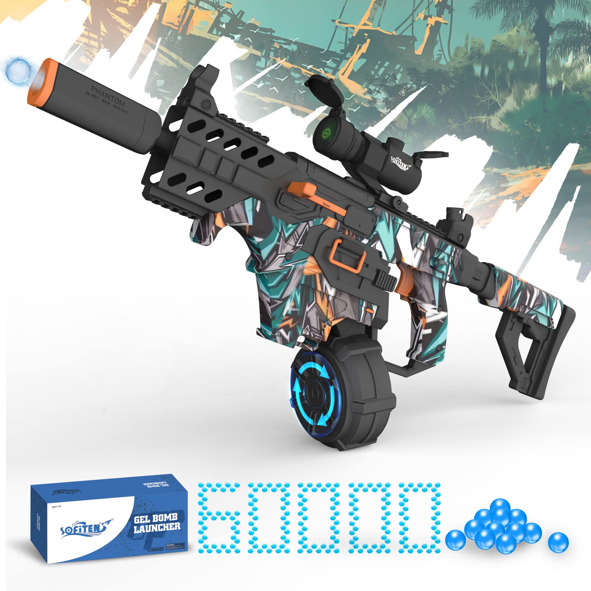 SOFITEN Gel Ball Blaster Electric Drum and Folding Stock Splat r Ball Gun 85 FEET Shooting Range with 40000 Water Beads, The Birthday Gift Orby for Boy and Girls, The Outdoor Activity Age 12+