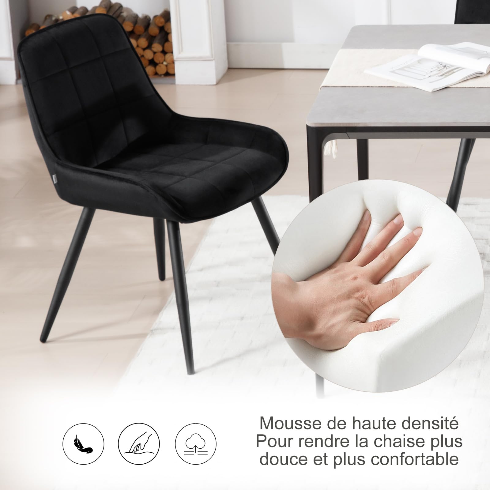 WOLTU Lot de 6 Chaises de Salle à Manger, Chaises Relaxantes en Velours, pour Salon, Salle de séjour, Cuisine, Chambre à Coucher,Noir, BH331sz-6