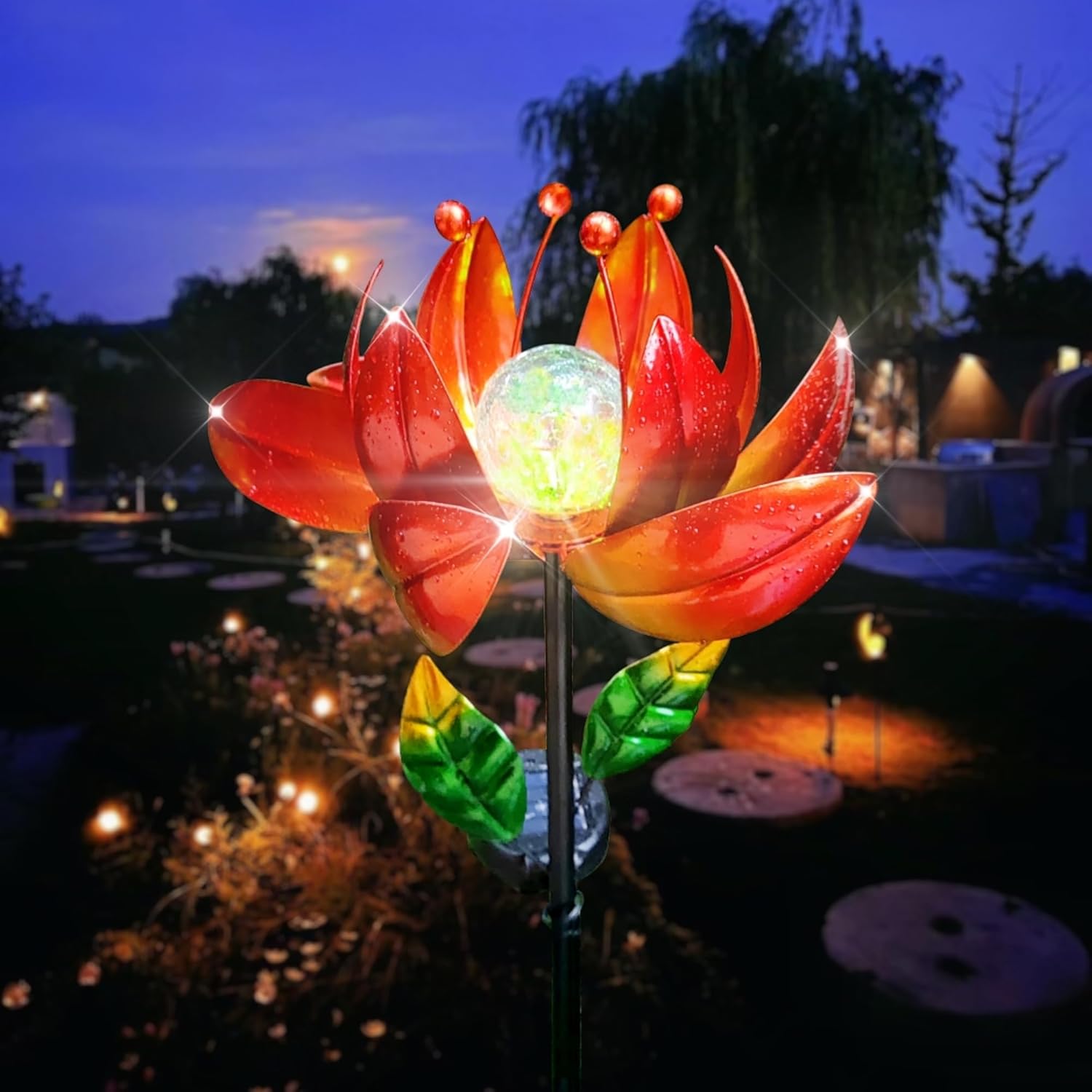 Lotus Flower Stake Garden Decoration, Outdoor Decorative Metal Lotus Windmill Sculpture, Wind Spinners with Color Changing Solar Stakes Lights for Patio Lawn Yard, Outside Gardening Gift (Orange)