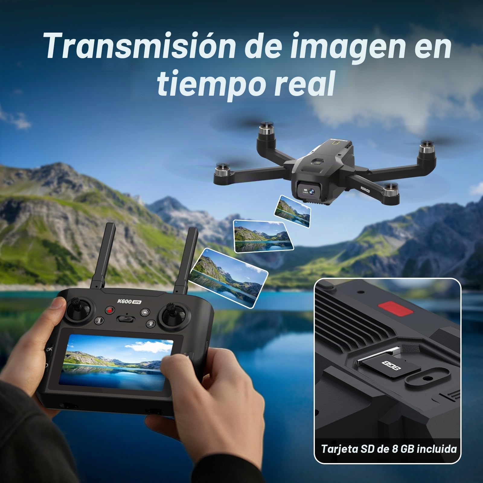 Dron K600GPS con Cámara 1080P, FPV 4.5", Regreso Automático, Sígueme, Motor sin Escobillas, Quadcopter Plegable