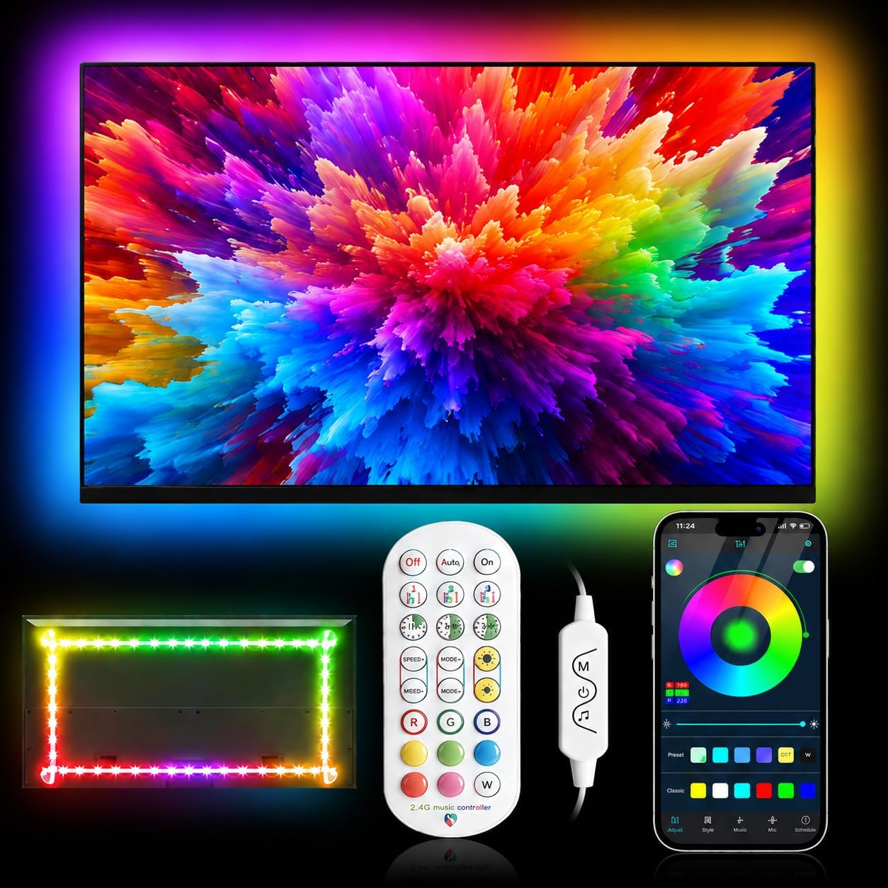 Daymeet LED Lights for TV, 9.8FT RGB TV LED Backlight for 32-43 inch TVs, USB Strip Lights Behind TV, Color Changing Sync with Music, Bluetooth App Controlled Led Lights for Bedroom Gaming Home Decor