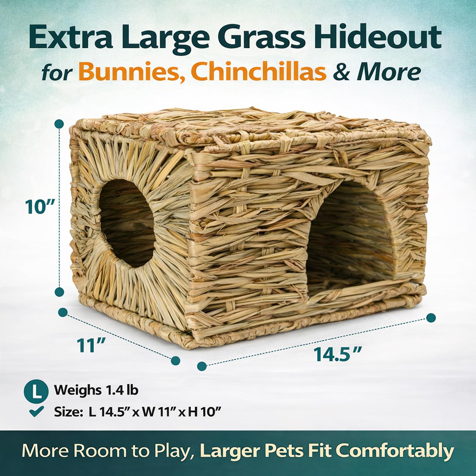 HERCOCCI Extra großes Grashaus für Kaninchen, faltbar und bequem – Kleintierhütte, Spielversteck, Bett, Heumatte, Kauspielzeug für Kaninchen, Meerschweinchen, Hamster, Chinchilla (1 Pack)