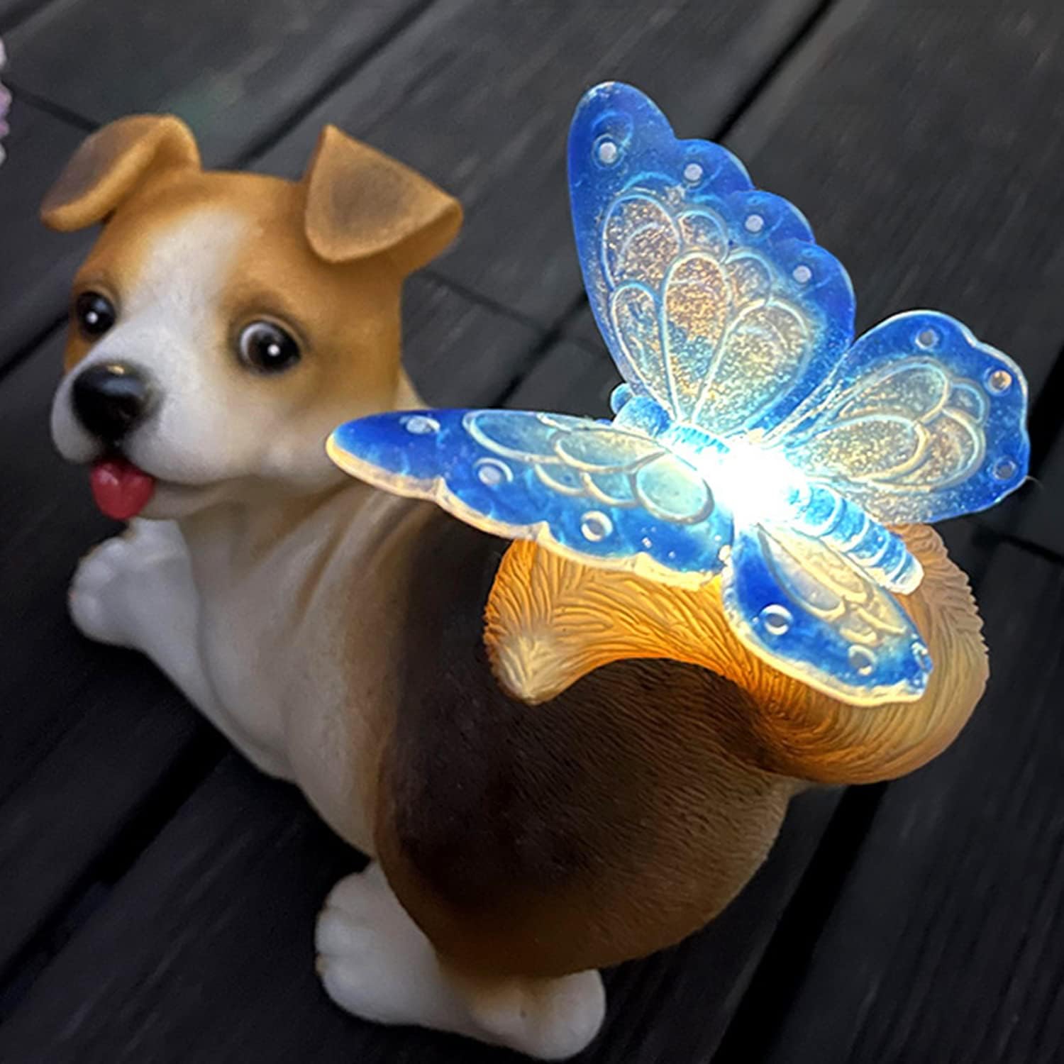 Garden Outdoor Decor-Dog in with Solar Butterfly Light Garden Statues Outsides Decorations for Dog Lovers Gardeners Family with Pets,Ornament Gift for Patio Yard Lawn Porch.
