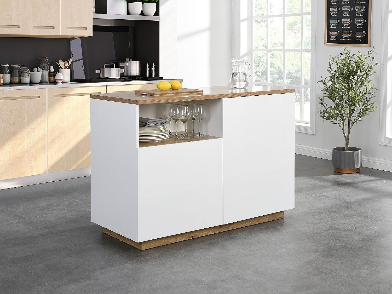 Vente-unique - Zentrale Kücheninsel mit 2 Türen und 1 Nische aus MDF - Natur und Weiß - CORELINA