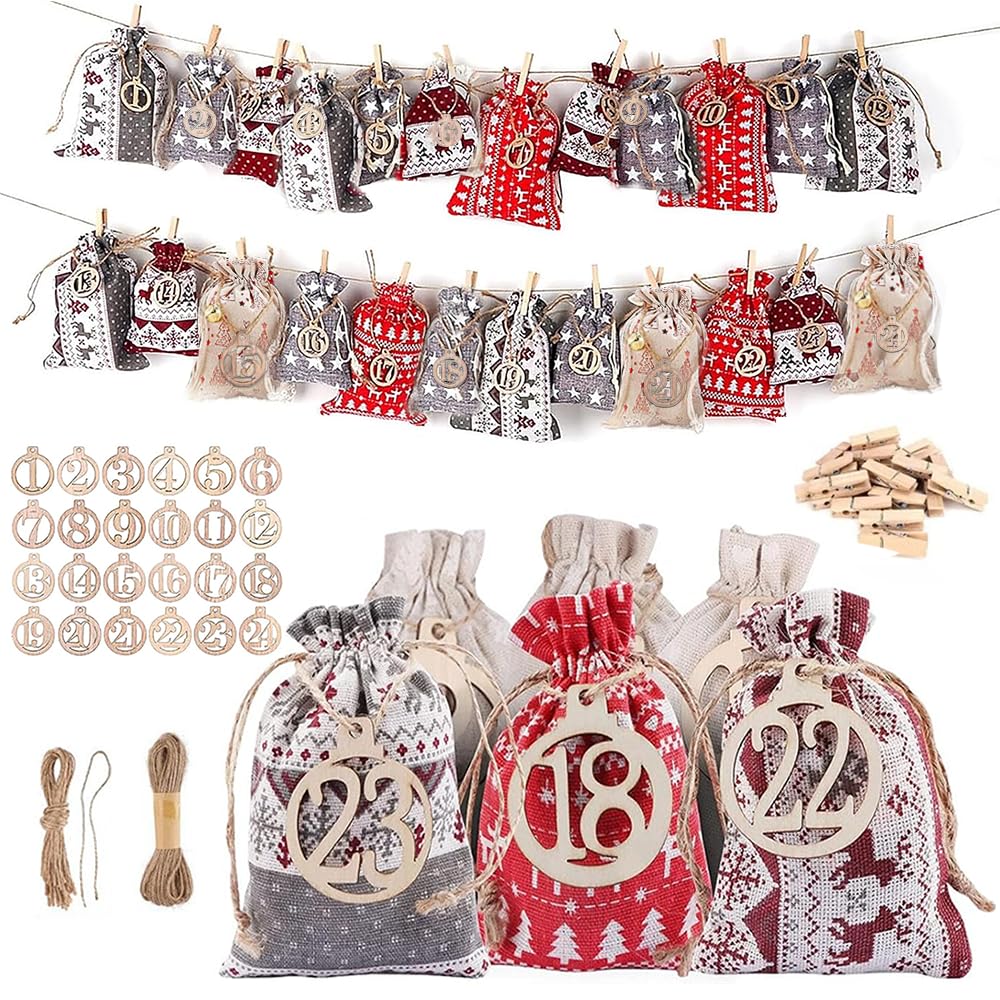 24 piece Christmas Advent Calendar Bag, reusable candy bag with drawstring seal, drawstring gift bag, DIY Christmas countdown Christmas decoration, used for families, birthday parties