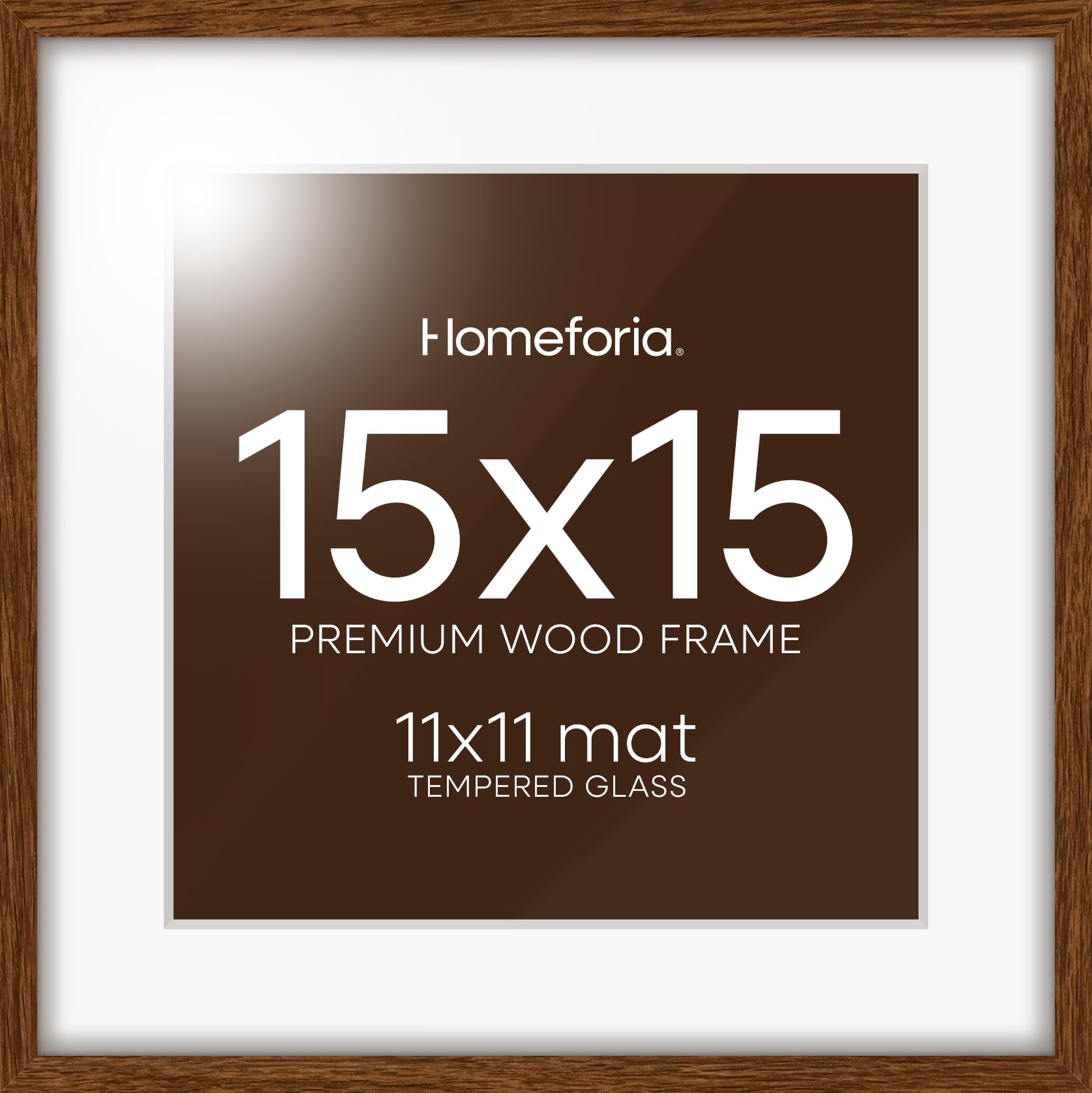 Homeforia 15x15 Brown Oak Picture Frame, High-End Wood, 11x11 Mat, Glass