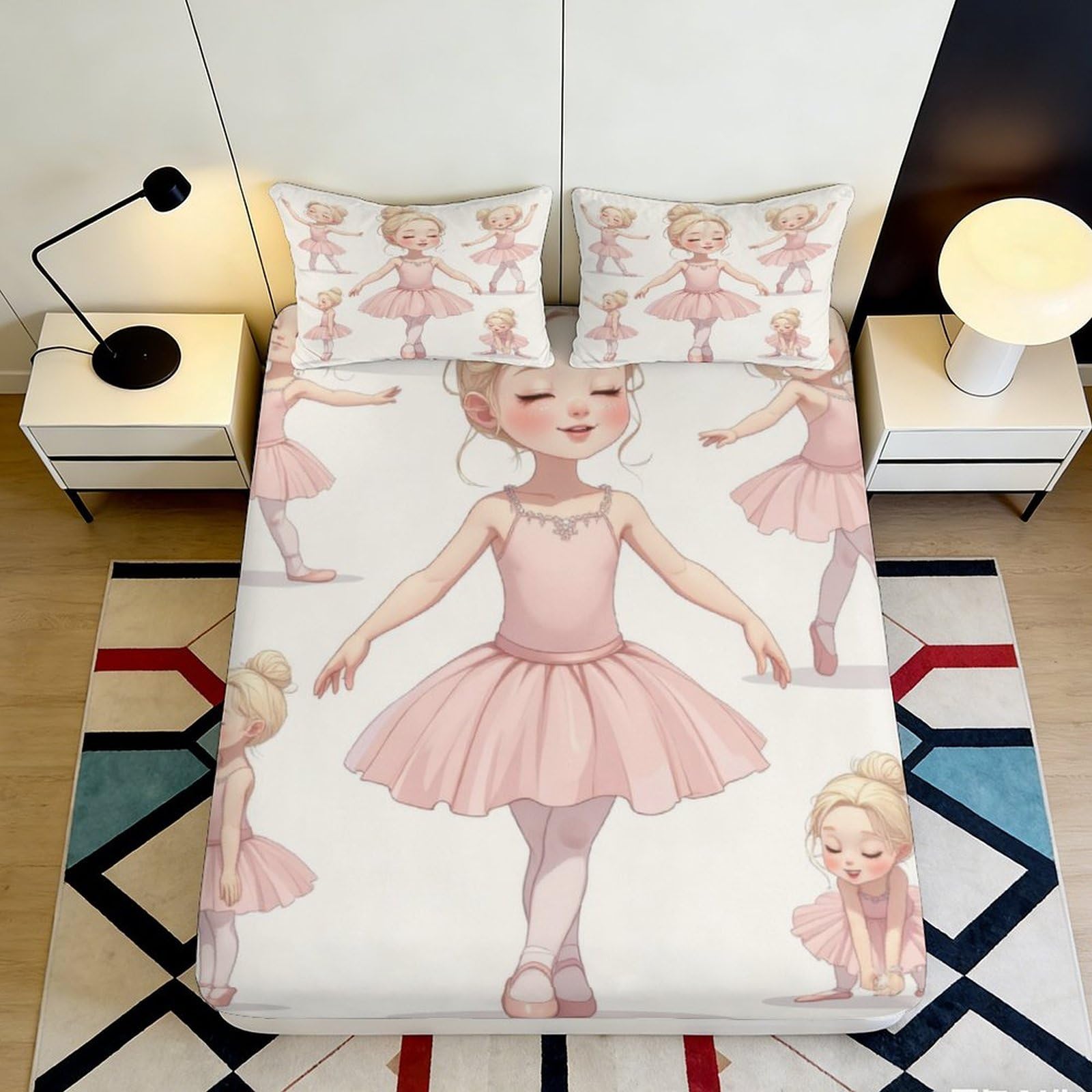 3D Printed Ballerina Pink Ballet Fitted Sheet Microfiber Soft Bed Cover Slip-Resistant for Bedroom Guest Room 90x200x25cm