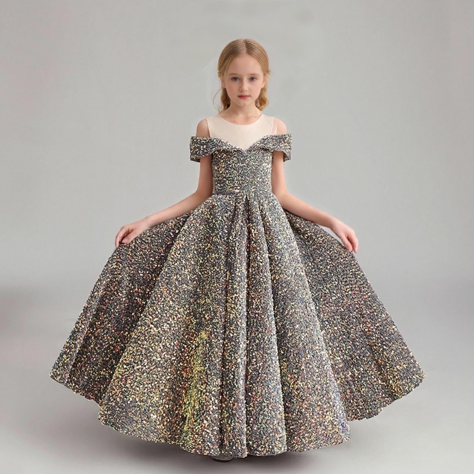 Mädchen Kleid Festlich Sommer Ärmellos Glitzer Pailletten Schulterfrei Prinzessin Kleider Kinder A-Linie Abschlusskleid Hochzeit Blumenmädchenkleider Geburtstag Abendkleider