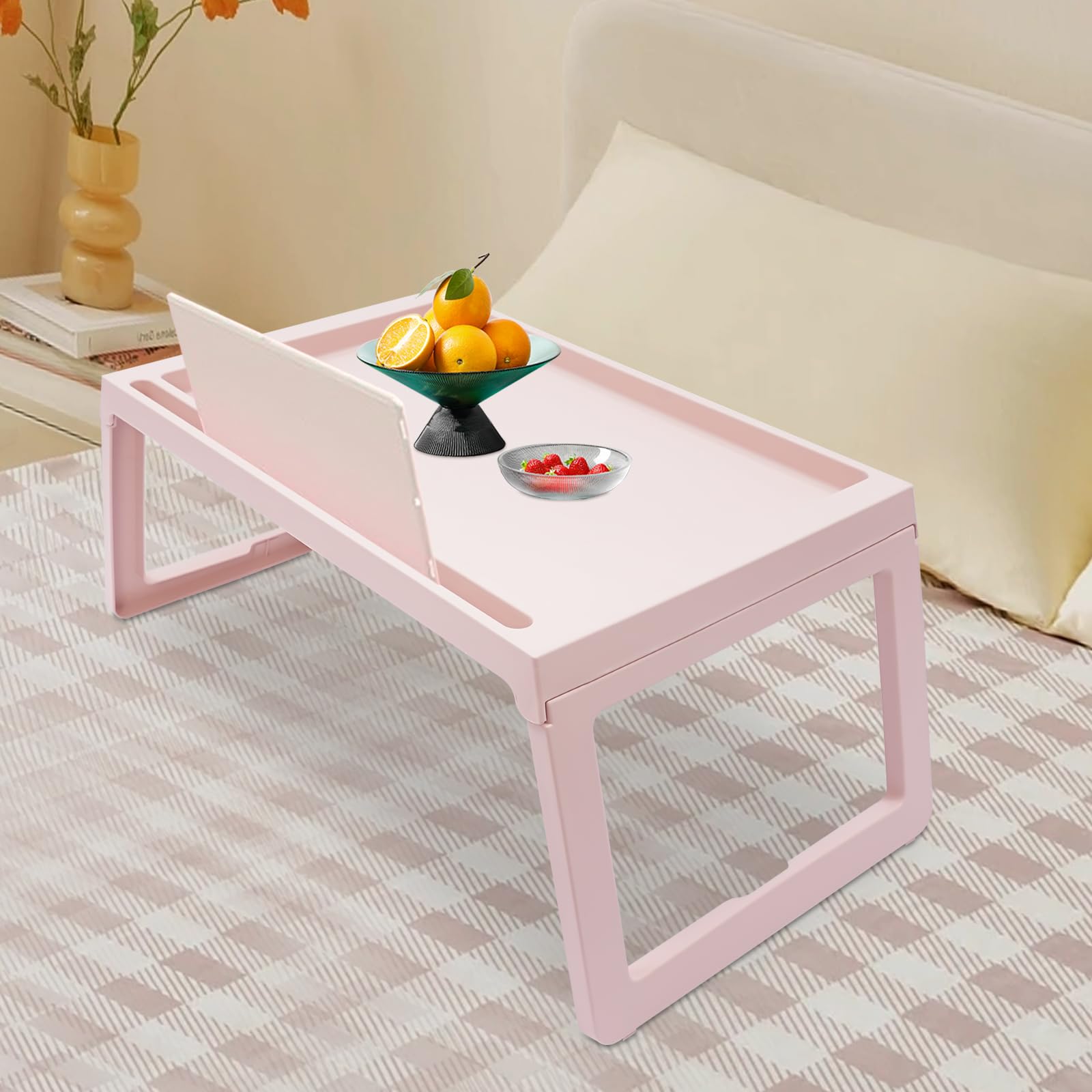 Lot de 4 plateaux de lit pliables en plastique pour enfants et adultes, stable et peu encombrant, pour manger, lire et étudier au lit ou sur le canapé (rose)