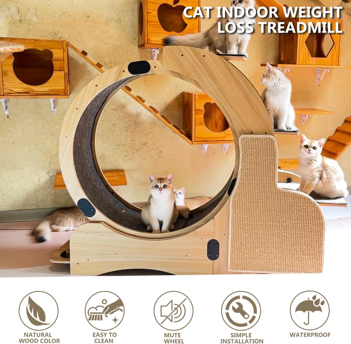 review Cat Sports Running Wheel, Cats Wheel Wood Climbing Frame, Cat Litter Fitness Wheel for Indoor Cats,Climbing Ladders,Cat Scratching Board,Cat Bowls,46.4 ×38.5×42.1 Inchs (Upgraded 5-In-1model)