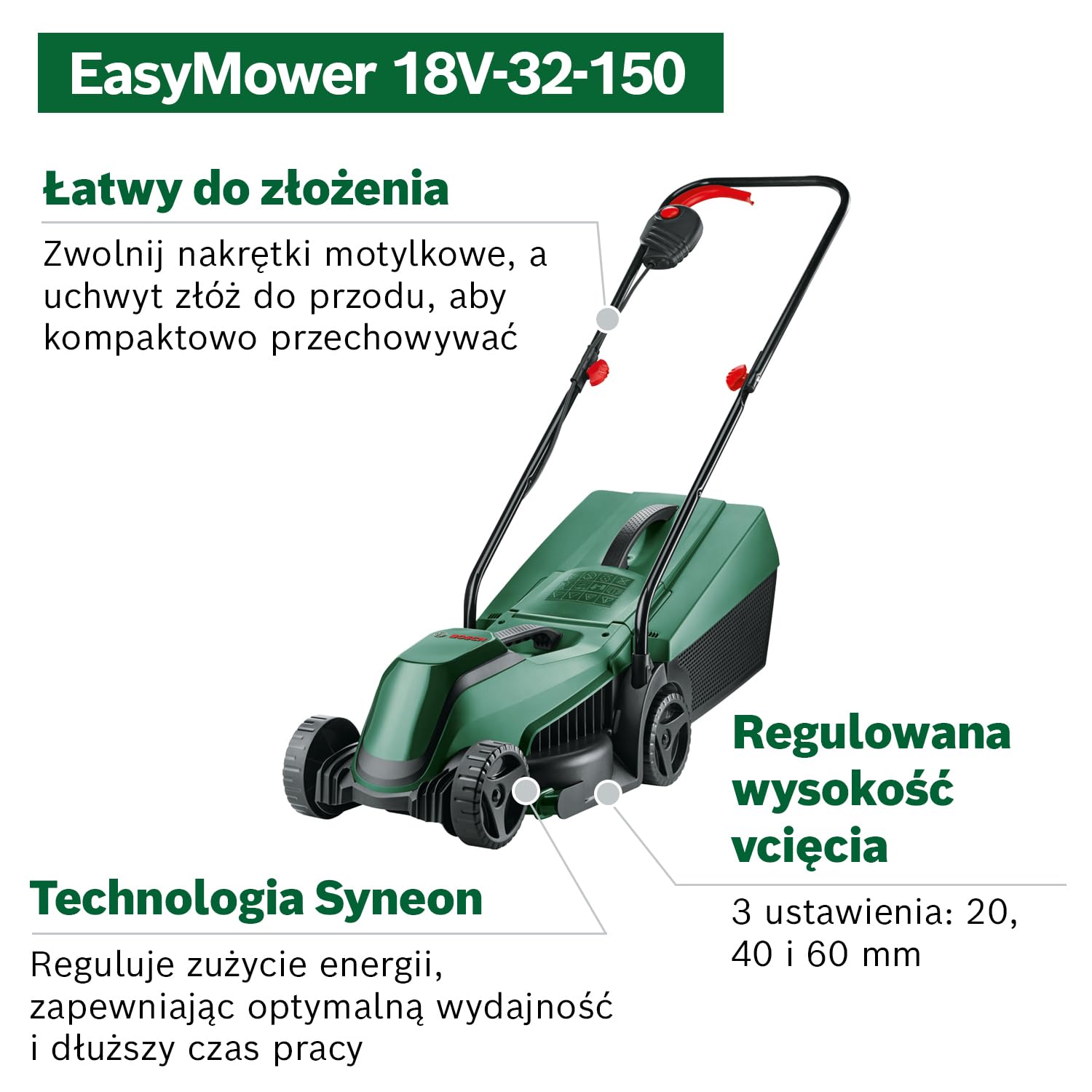 Bosch kosiarka akumulatorowa EasyMower 18V-32-150 (do 100 m2 skoszonej trawy przy zastosowaniu akumulatora 3,0 Ah, system 18V, szerokość cięcia: 32 cm, ładowarka i akumulator 3,0 Ah)