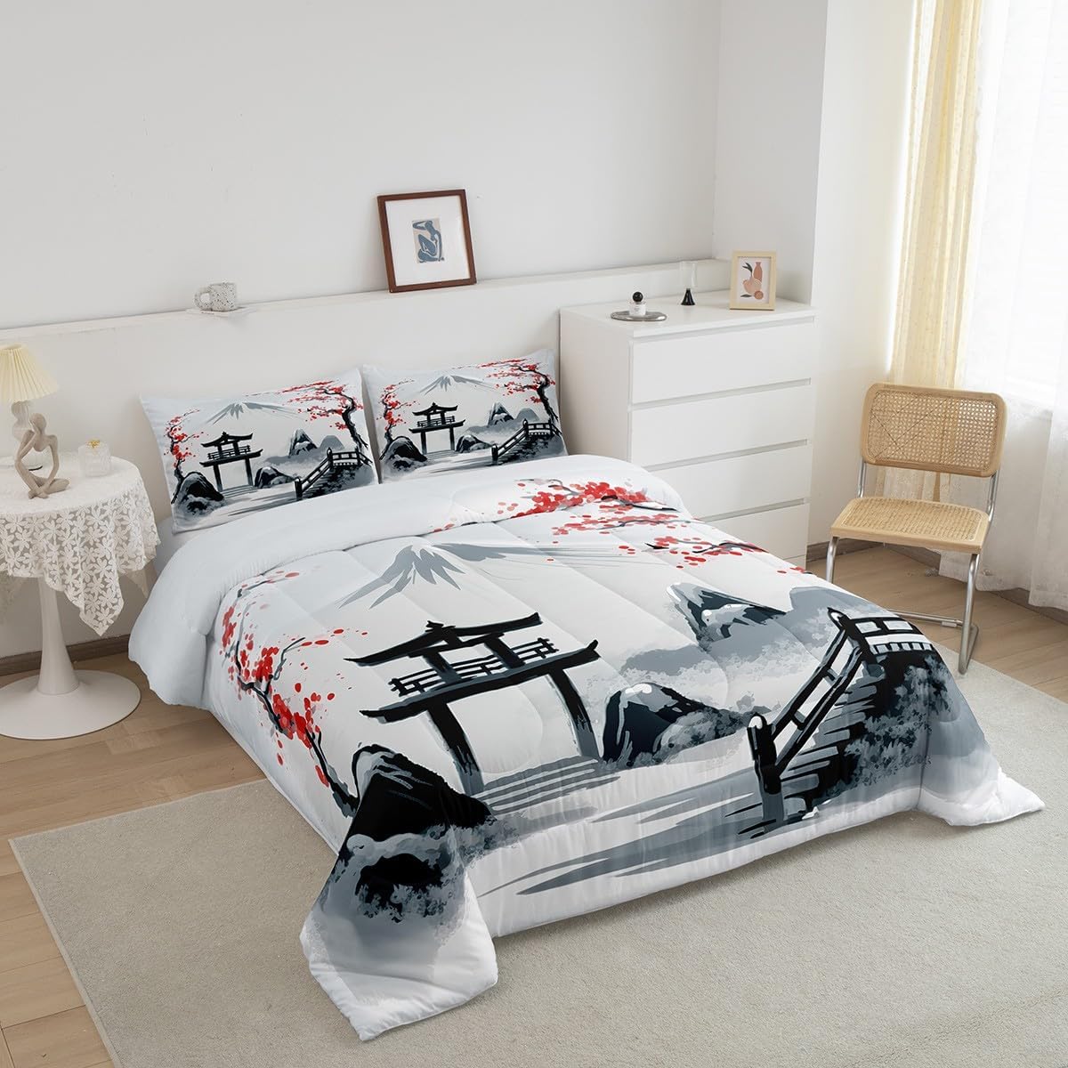 Erosebridal Japanese Style Bedding Set Cherry Blossoms Comforter Set,Mount Fuji Quilt Set Branches Sakura Flowers Down Comforter,Ink Painting Style Vintage Luxury Bedroom Decor Kids Teens Adults,Queen