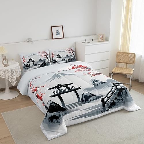 Miniatura 2 de Erosebridal Juego de ropa de cama de estilo japonés, juego de edredón de flores de cerezo, juego de edredón de monte Fuji con ramas Sakura y flores,