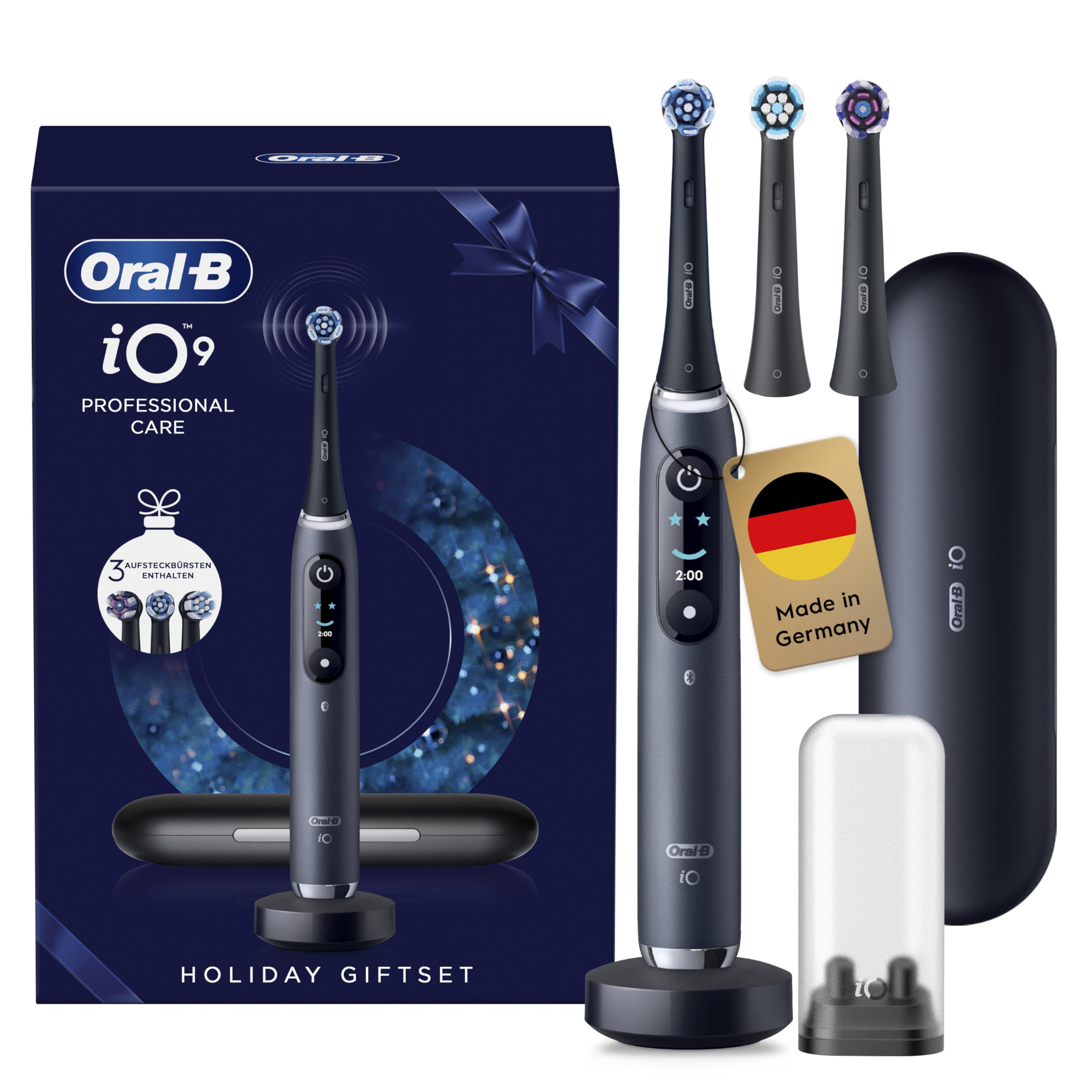 Oral-B iO Series 9 Elektrische Zahnbürste — Electric Toothbrush, Inkl. 3 Aufsteckbürsten — 7 Modi für Zahnpflege, CHIP Testsieger (11/25), Designed by Braun, Schwarz