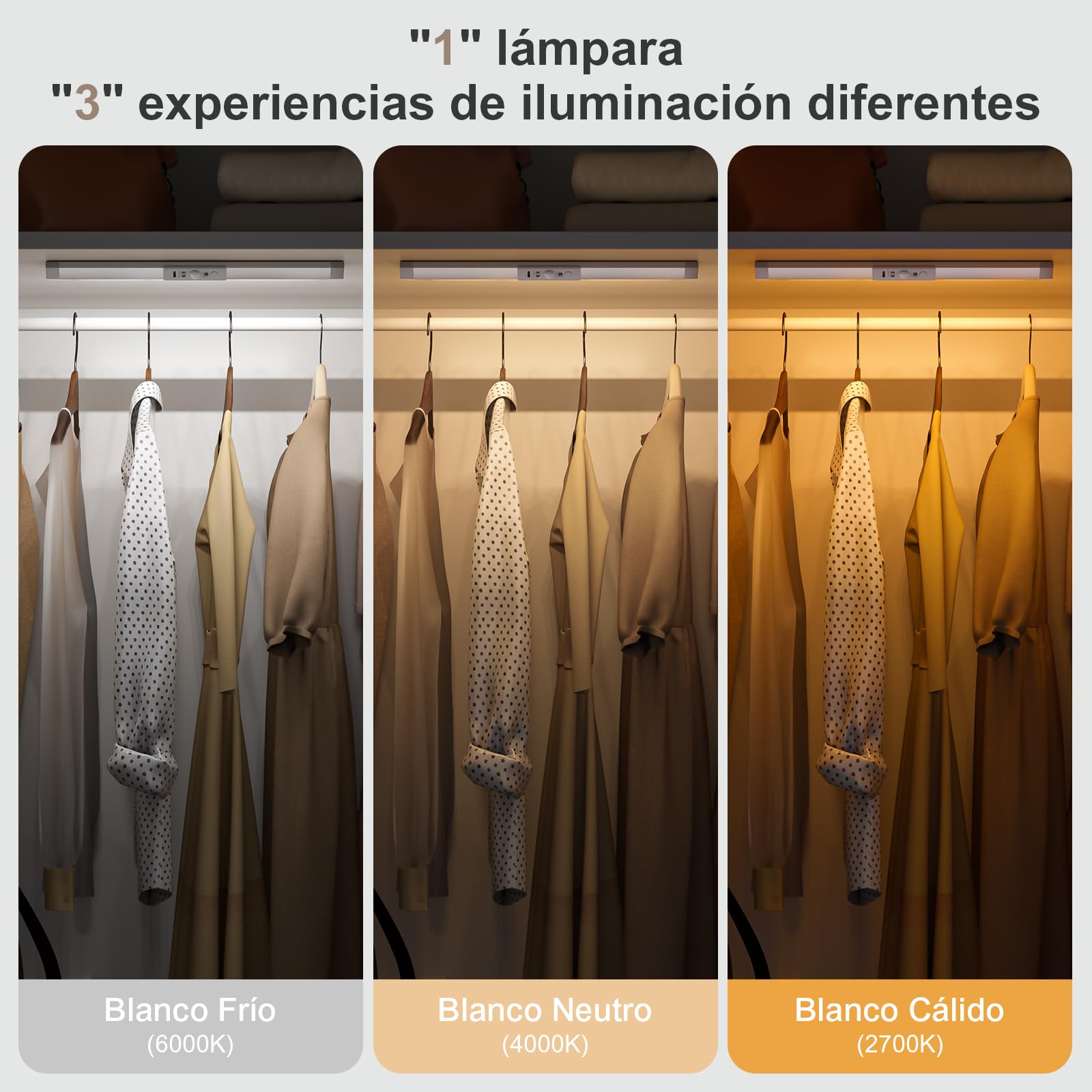 WOBANE Luz Armarios con Sensor de Movimiento Recargable Luz Nocturna, Protección Ocular Luces Mueble con 3 Colores y Regulable para Cocina, Vitrina, Estanterías, 2 Pack