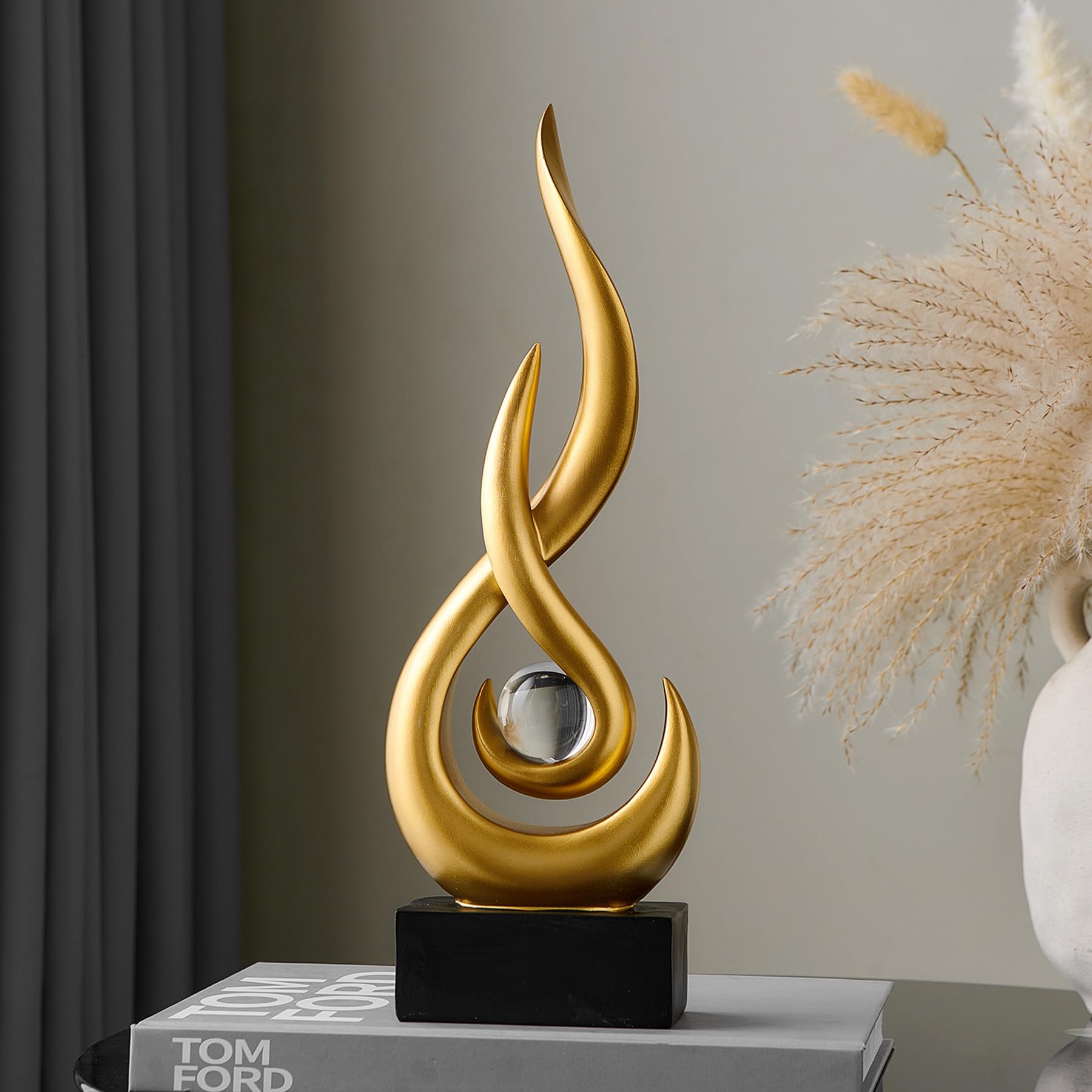 Octdays Gold Abstract Statue Sculpture Decorations, Modern Sculptures Home Décor Accents, Resin Art Flame Figurines for Living Room Table Centerpiece Office Desk TV Stand Decor