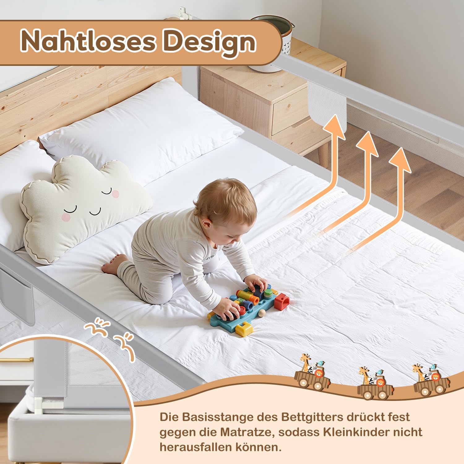 1x180CM+2x200CM Barriera per letto, Barriera pieghevole per letto per bambini, Protezione per letto per bambini per prevenire le cadute, Barriera per bambini piccoli, Facile da montare, Grigio