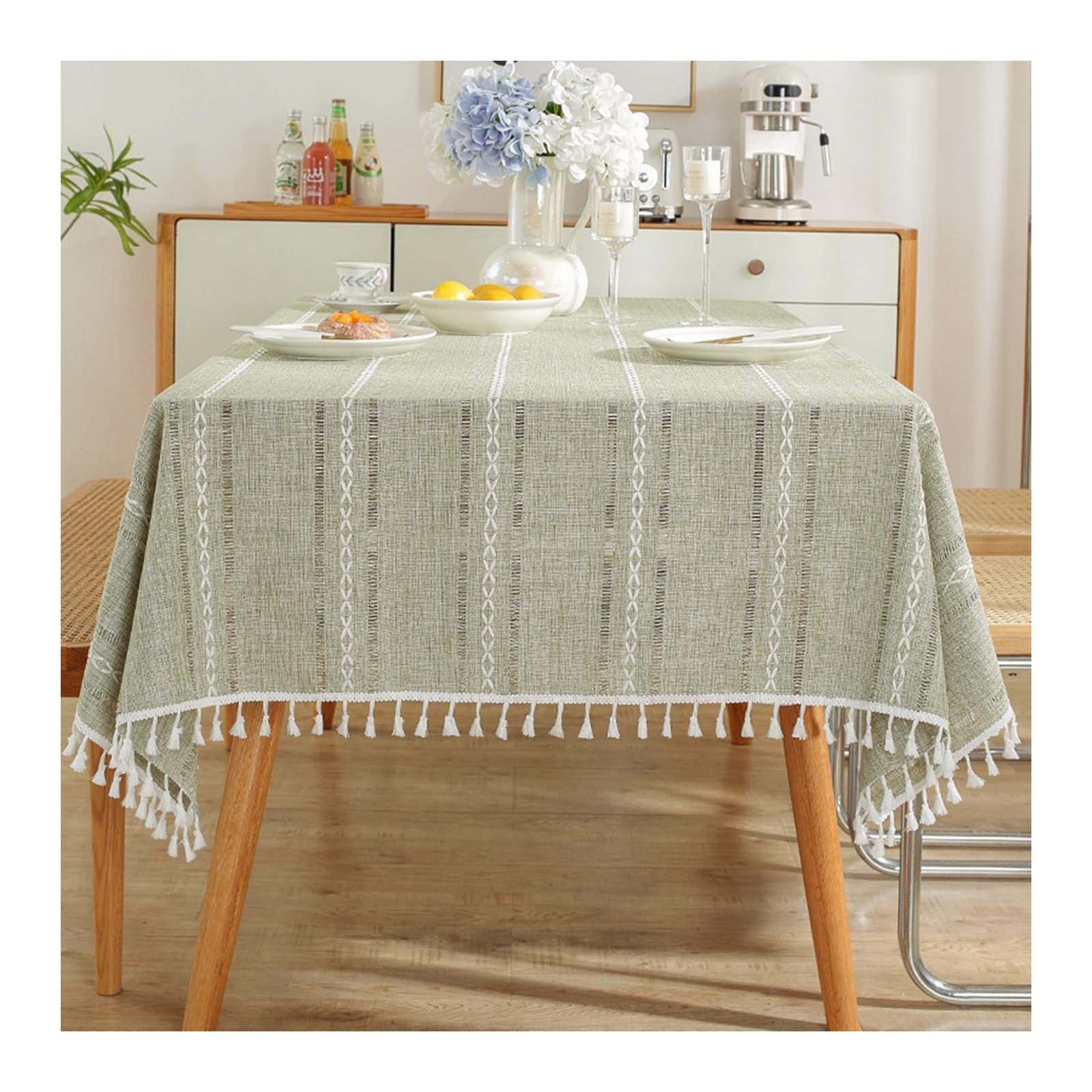 Tovaglie Rettangolari Poliestere, Tovaglia Decorativa Tavolo Lavabile Strisce con Nappe Copritavolo per Cucina, Sala da Pranzo, Feste, Tavolino Verde, 140x240 CM