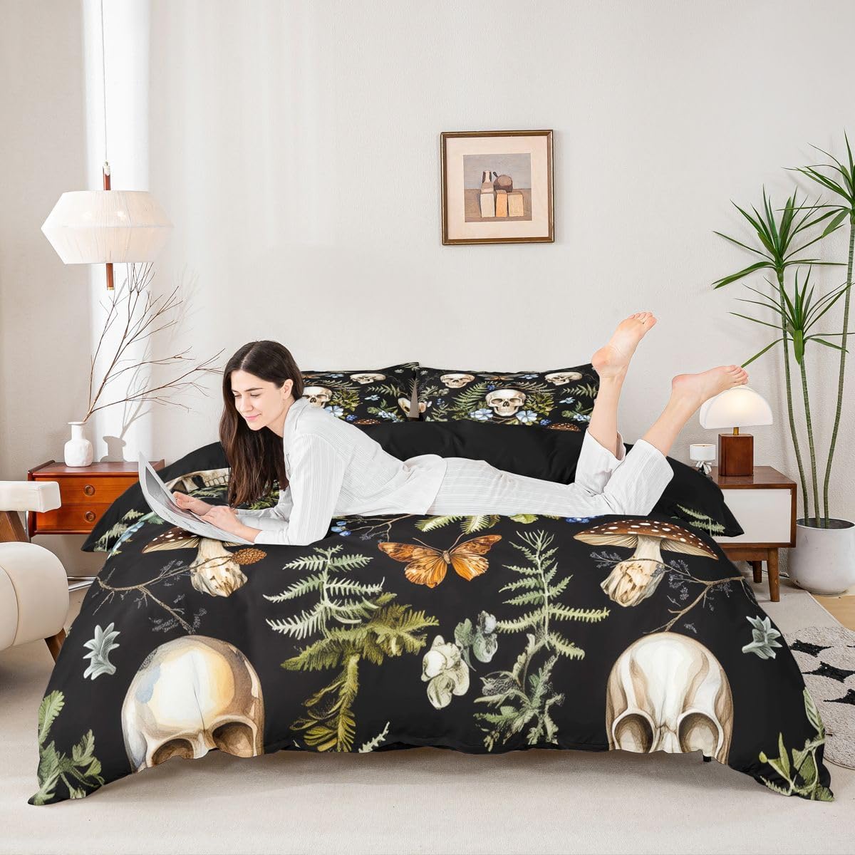 Feelyou Sugar Skull Duvet Cover Queen Size Dark Botanical Gothic Bedding Set for Boys Girls Mushroom Butterfly Comforter Cover Bedroom Decor 3Pcs No Comforter Zipper Closure with 2 Pillowcases