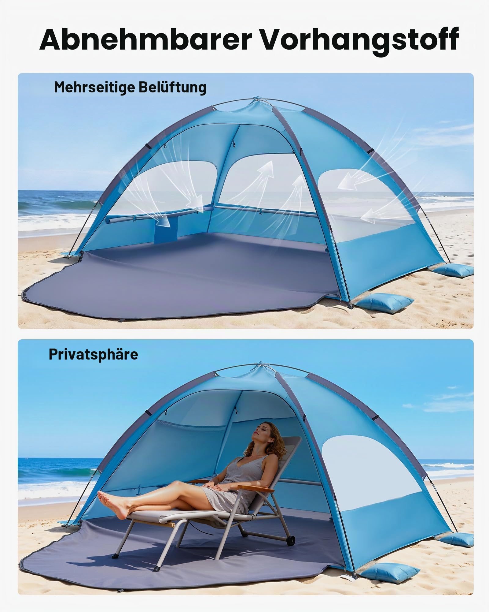 VEVOR Strandmuschel Sonnenschutz für 3 Personen, UPF 50+ Schutz, Tragbares Strandzelt mit Tragetasche & Bodenverankerungen, Leichter Strandsonnenschirm für Camping Angeln Picknick, Sonnenzelt