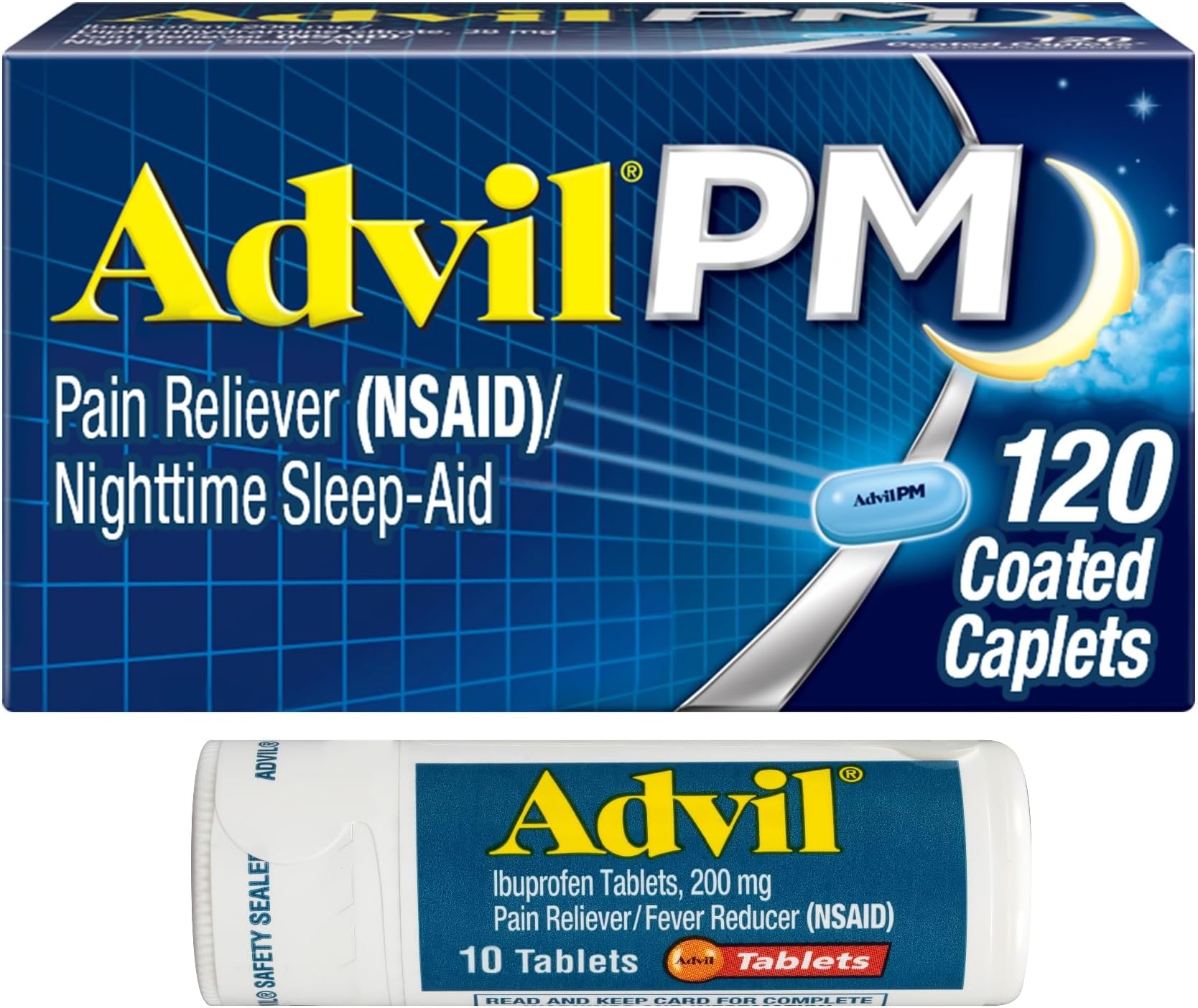 - Advil PM Pain Reliever and Nighttime Sleep Aid, Ibuprofen for Pain Relief and Diphenhydramine Citrate for a Sleep Aid - 120 Coated Caplets and Pain Reliever and Fever Reducer, 10 Count Tablets