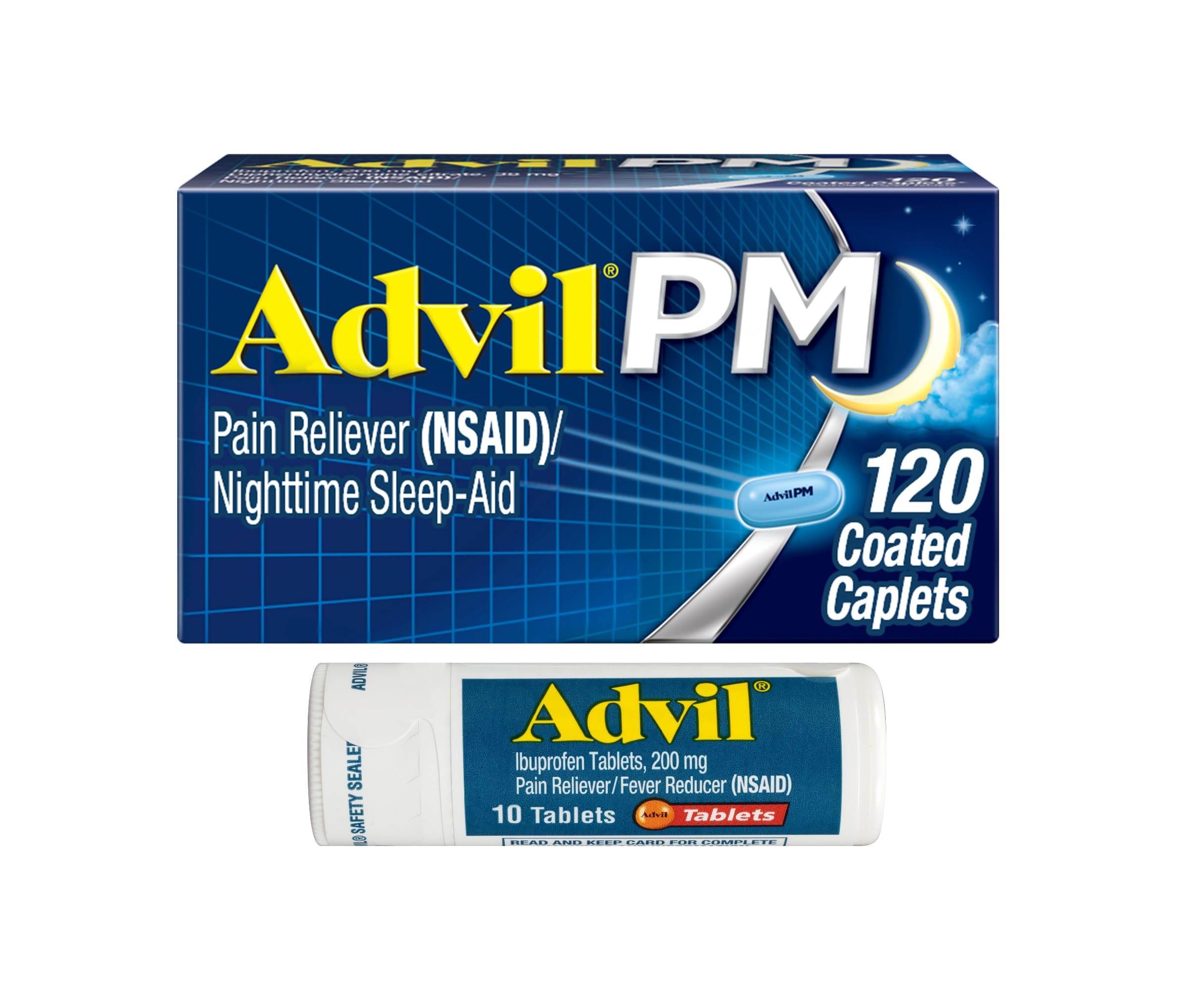 Advil PM Pain Reliever and Nighttime Sleep Aid, Ibuprofen for Pain Relief and Diphenhydramine Citrate for a Sleep Aid - 120 Coated Caplets and Pain Reliever and Fever Reducer, 10 Count Tablets