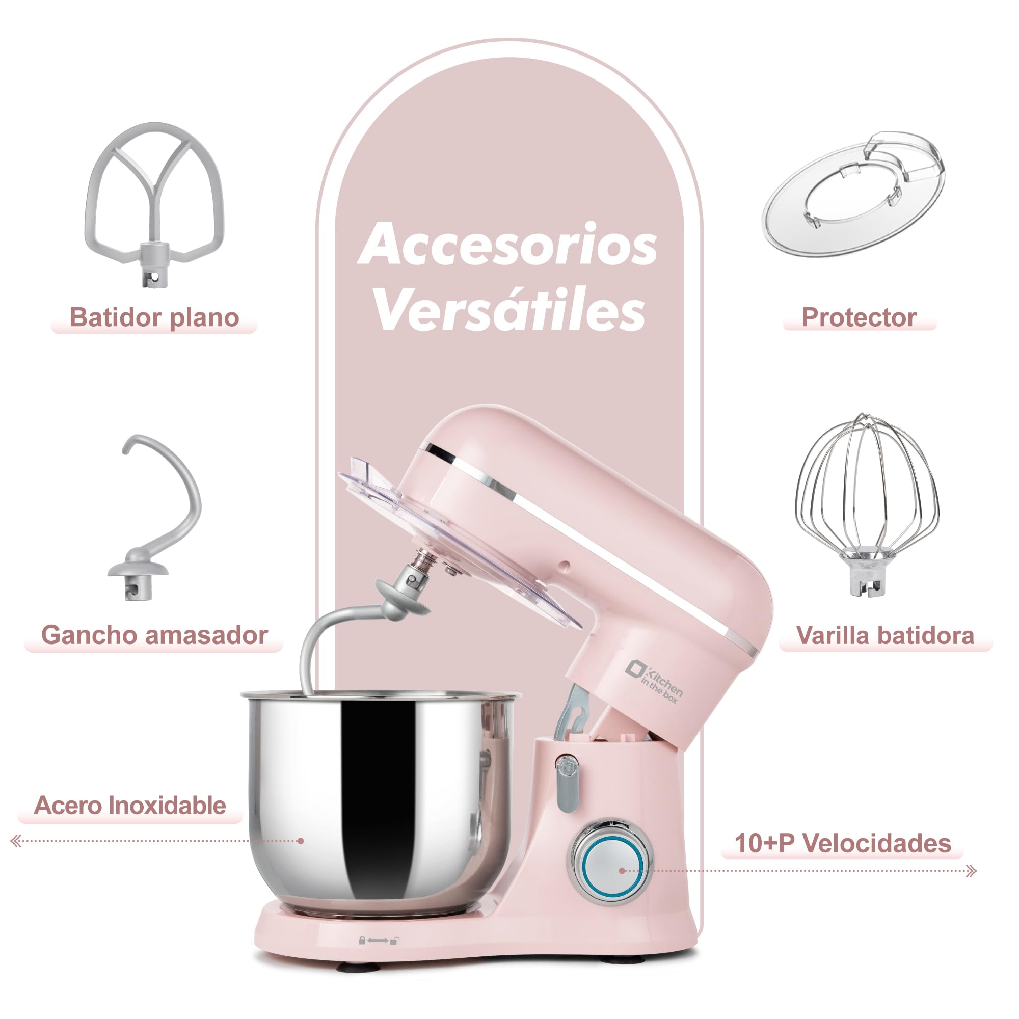 Kitchen in the box Batidora Amasadora Mini 3.5L, Amasadora Pan y Repostería 800W, 10+ Velocidades con Pulso, Robot de Cocina Multifunción con Accesorios, para Principiantes y Cocinas Pequeñas