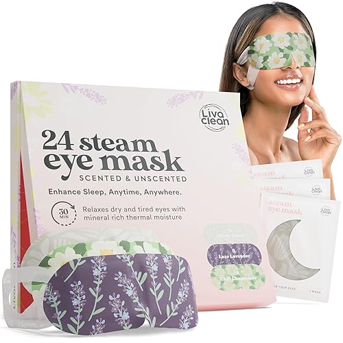 LivaClean 24 cubrebocas de vapor para ojos secos, ojeras e hinchazón, cálida y autocalentable, ganchos para los oídos para permanecer puestos,