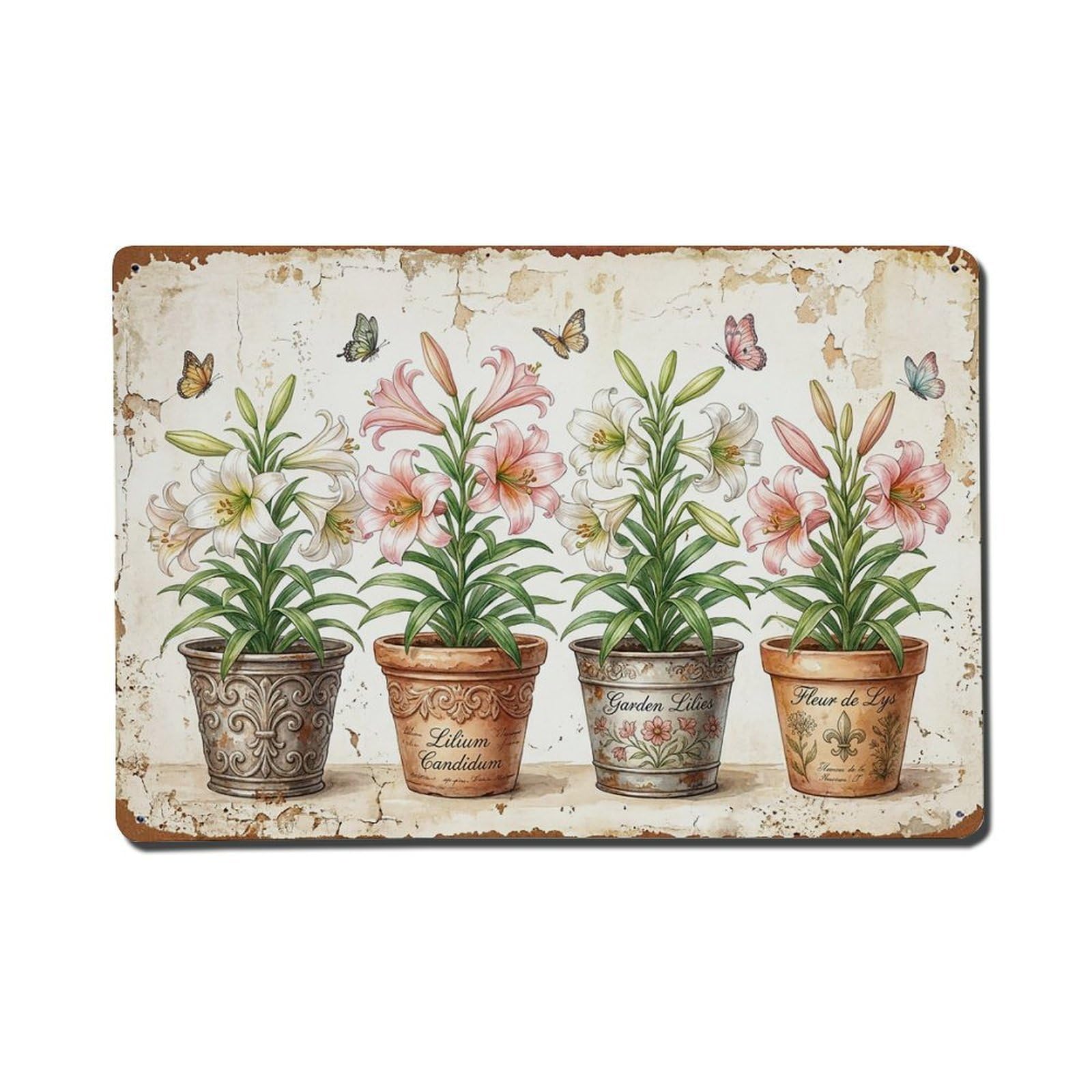 Vintage Rustic Flower Potted Plants Lily Metal Tin Sign