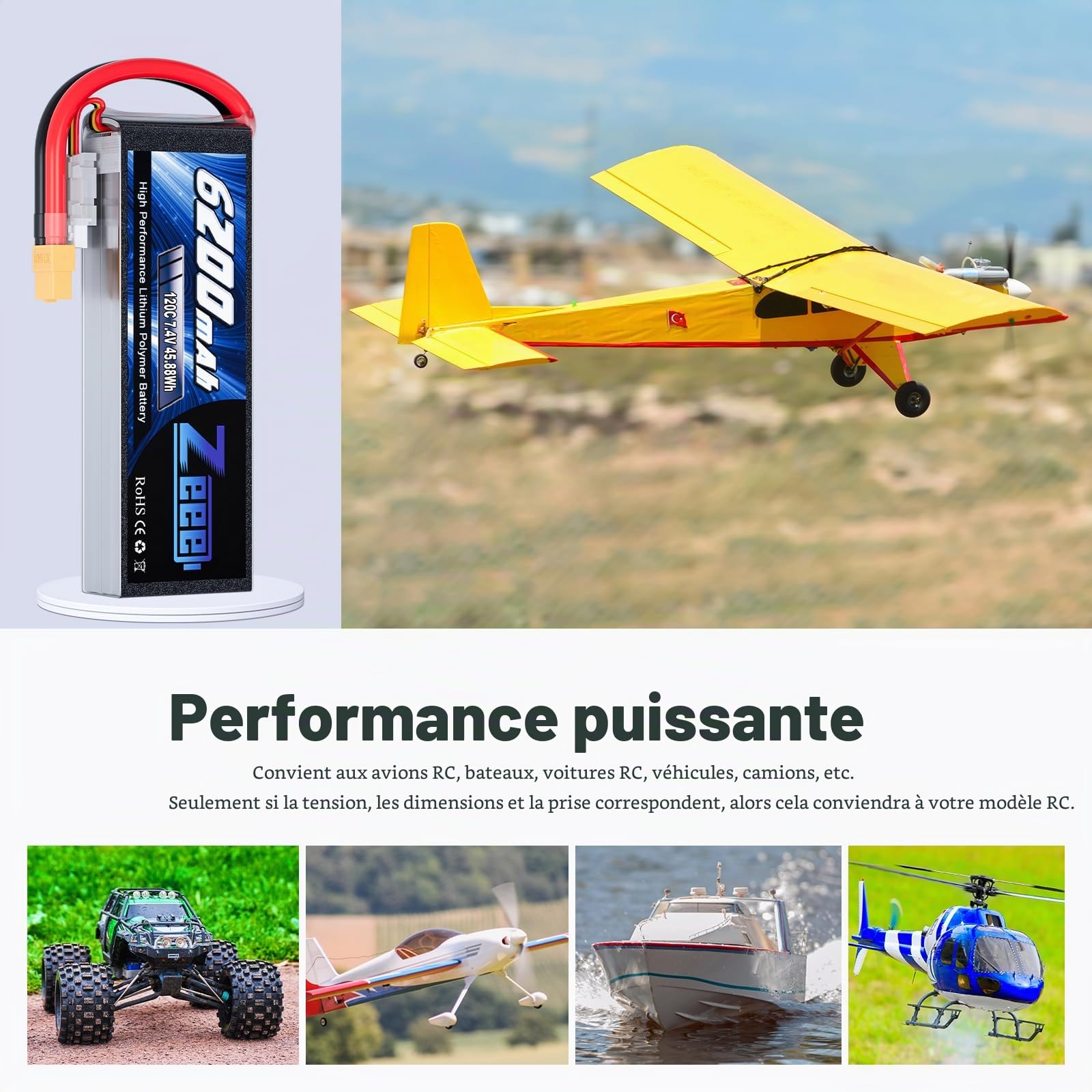 Zeee 2S LiPo 6200mAh 7,4V 120C Softcase avec XT60 connecteur (2 pièces) | batterie RC pour RC Voitures, camions, véhicules, truggies, Buggies, Chars, hélicoptères, Avions,etc