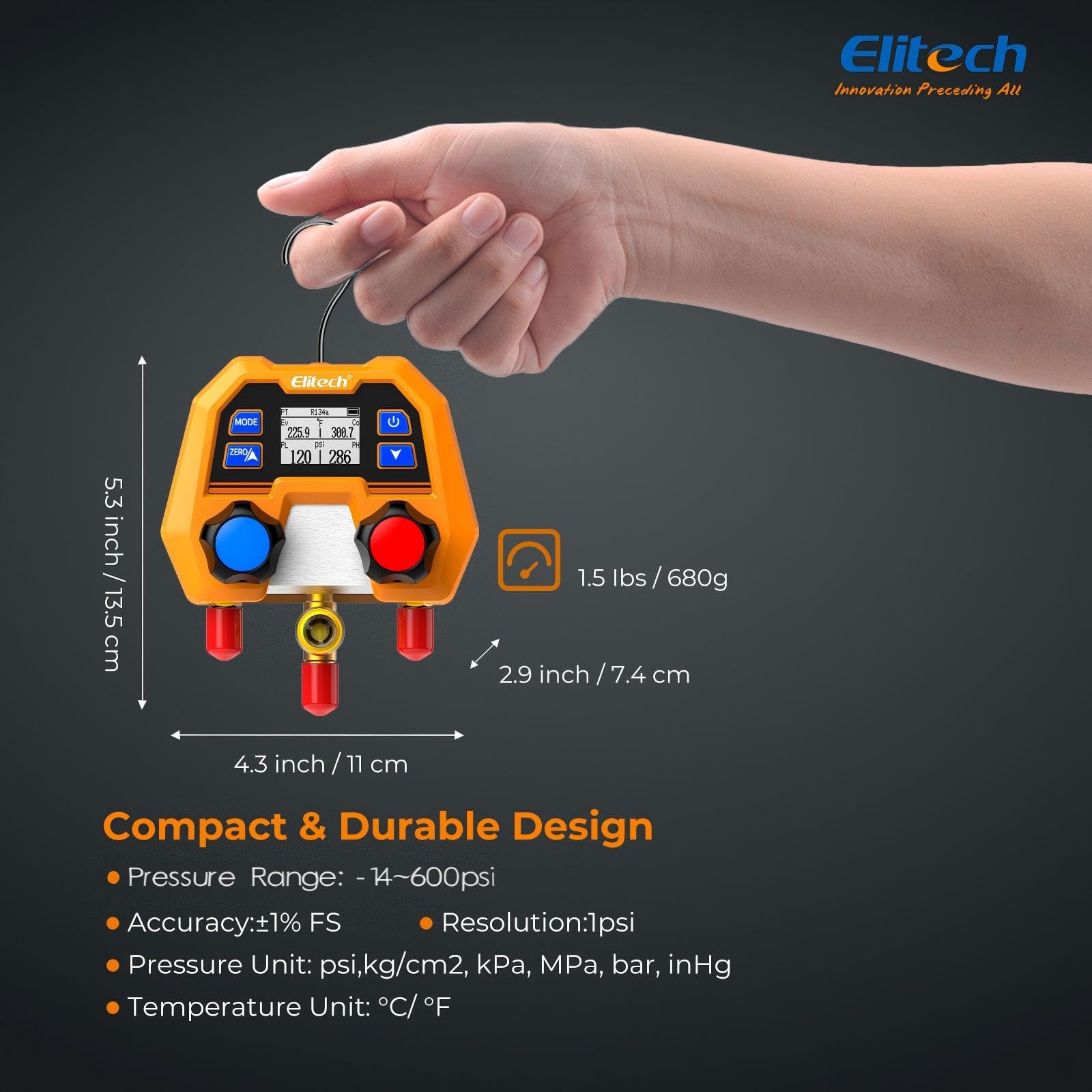 Elitech Digitales Manifold-Messgerät für 88 Kältemittel | Druckmessung von -14,7 bis 600 psi mit Sättigungstemperatur-Anzeige | ±1% Genauigkeit, LCD-Display, Auto-Off & IP54 für Kfz und Industriekälte