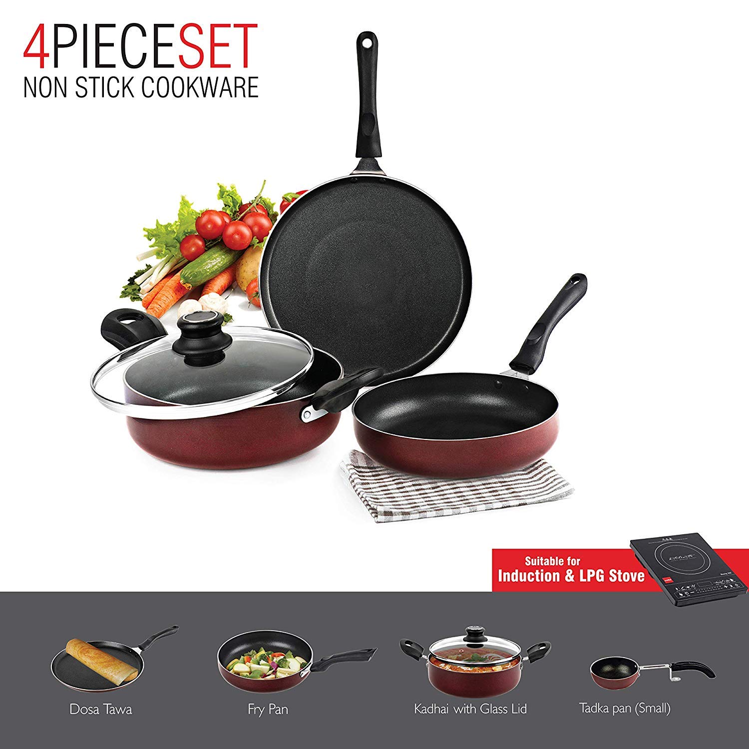 Cello Prima Non-Stick Aluminium Cookware Set of 4 Pcs for Kitchen, Cherry | Kadhai with Glass Lid 22CM, Fry Pan 22CM, Dosa Tawa 28CM & Tadka Pan, Gas Stove & Induction Base Utensils Set for Cooking 2