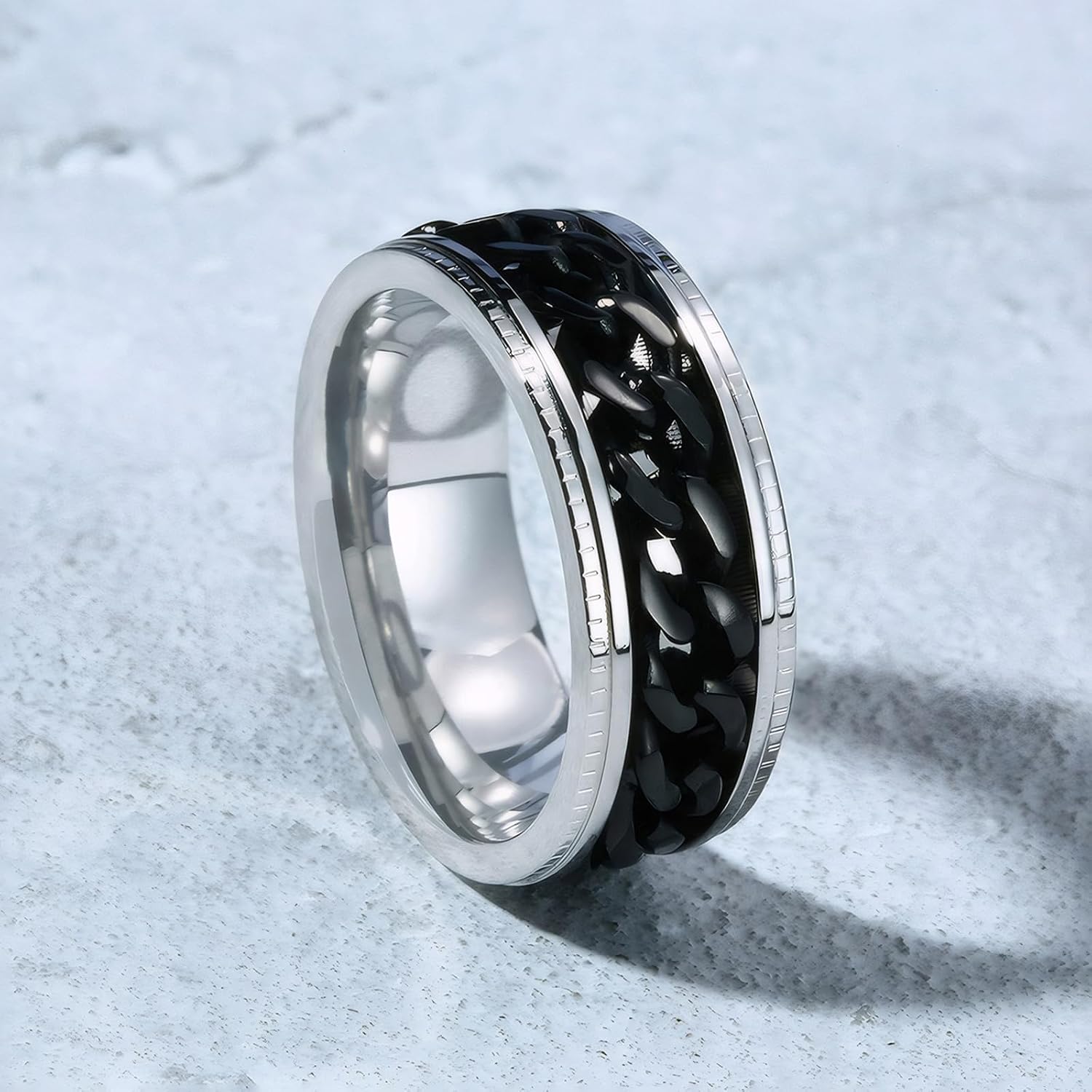 Men's Spinner Fidget Anxiety Ring 8MM Stainless Steel Rotation Wedding Rings for Men Women Stress Free Silver/Black/Gold/Blue Beveled Edges Engagement Bands Comfort Fit Jewelry Gifts Size 6-13