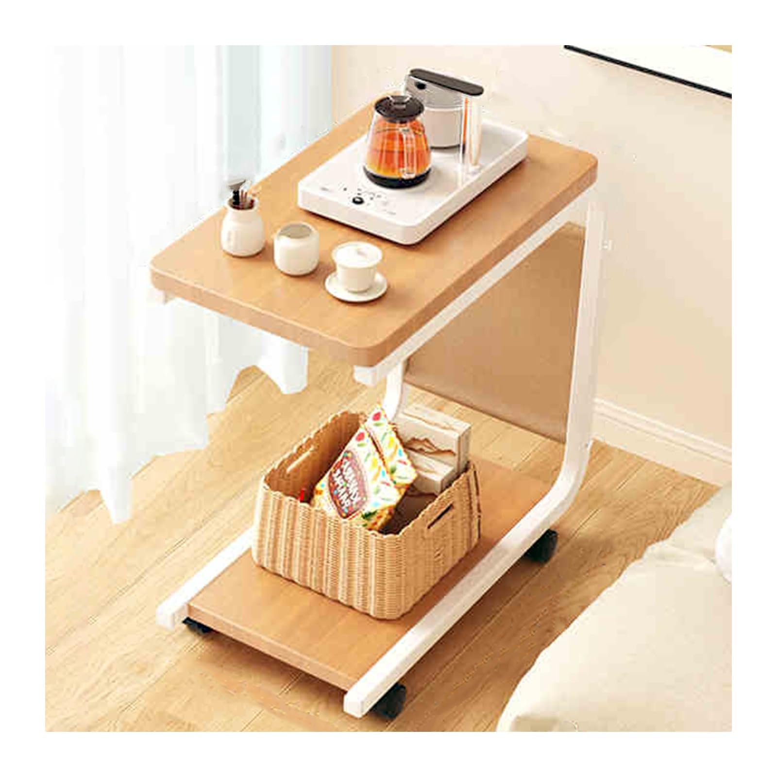 Mesita de noche y sofa movil en forma de C para cenar o teletrabajar en el salon