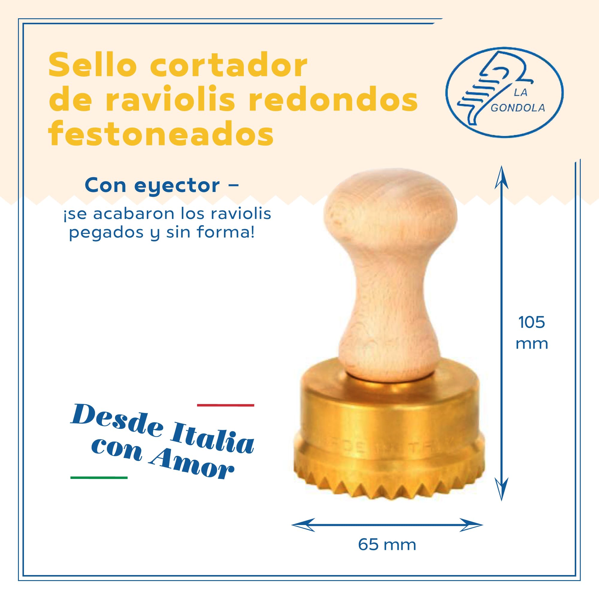 La Gondola Cortador de Raviolis Caseros - Redondo Festoneado 65 mm | Cortapastas de Latón y Madera Natural | Cortador de Pasta Robusto y Fácil de Usar | Utensilios para Pasta Fresca Hechos en Italia