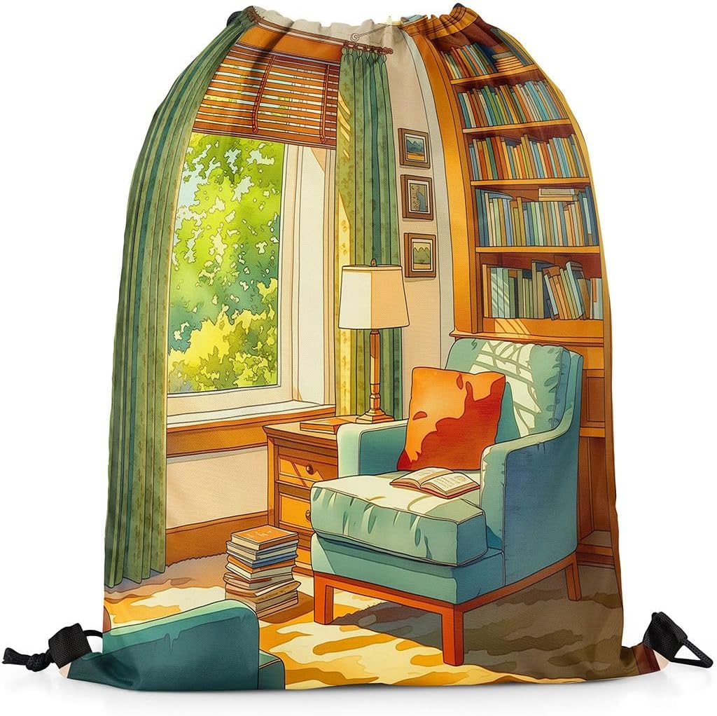 Manfei Reading Nook Anime Drawstring Bag Armchair Books Drawstring Backpack Women Men Colorful Cartoon Water Resistant Bedroom Room Decor for Sport Gym Swim Yoga Green Yellow