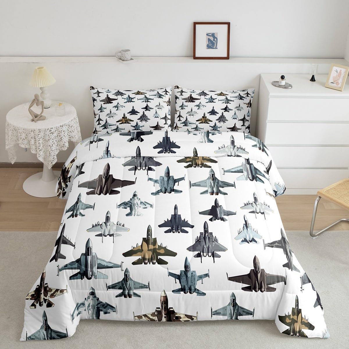 Erosebridal Fighter Aircraft Twin Comforter Set for Kids Boys, Camouflage Military Jet Print Bedding Set for Youth Men, Army Fighter Jet Bedding Comforter Sets, Modern Flying Airplane Bed Sets