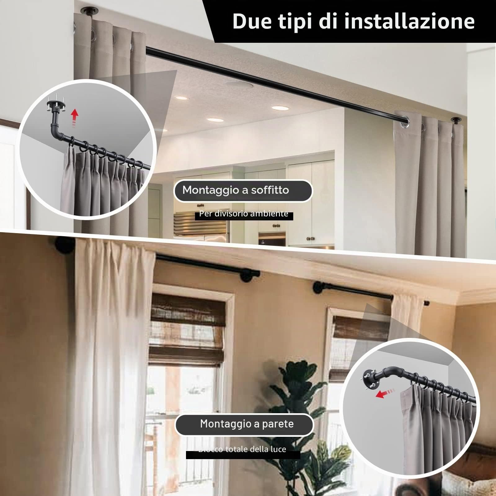 Bastone per tenda industriale estensibile, nero opaco, 81-180 cm, resistente, oscurante, per finestra, montaggio a parete per camera da letto, soggiorno