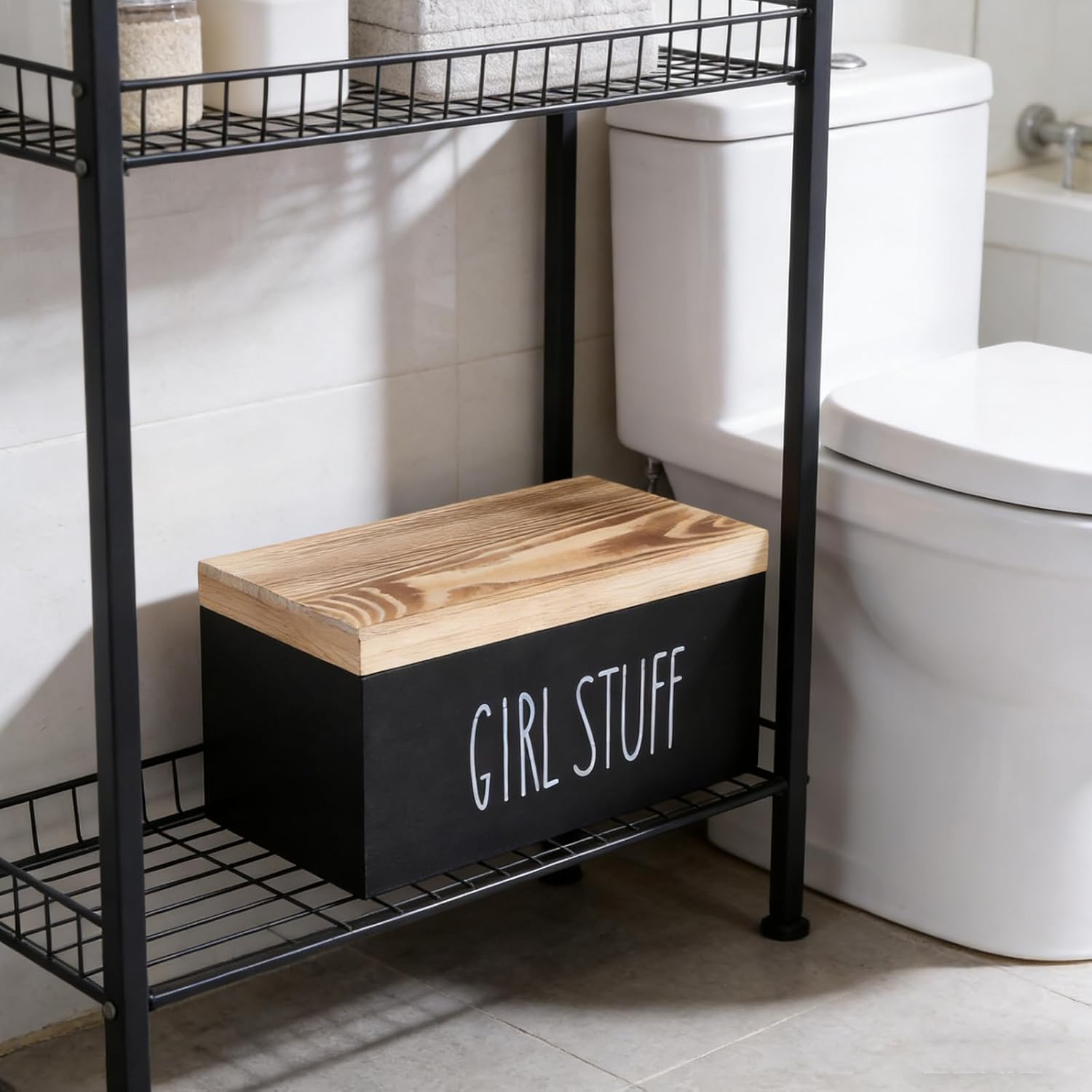 Bathroom Tampon Holder, Wooden Box With Lid, Covered Tray Organizer, Feminine Hygiene Storage Caddy for Countertop Vanity, Rustic Farmhouse Decor, Discreet Feminine Product Organizer for Guest Bath