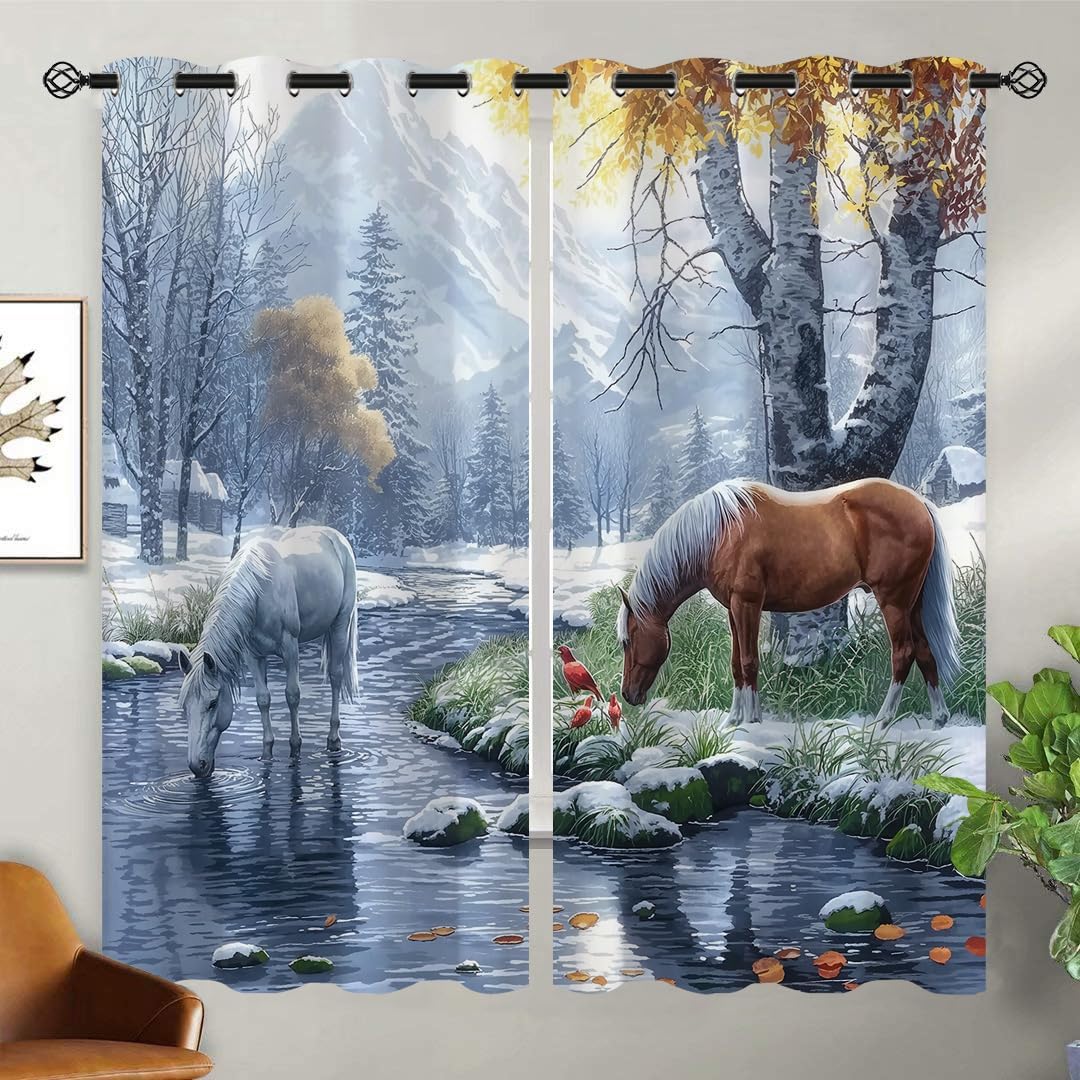 Horse Blackout Curtains for Girls Boy Home Decor, Rustic Country Wild Animal Art Painting Grommet Thermal Insulated Drapes Darkening Window Curtain for Bedroom Living Room, 72 x 63 Inch